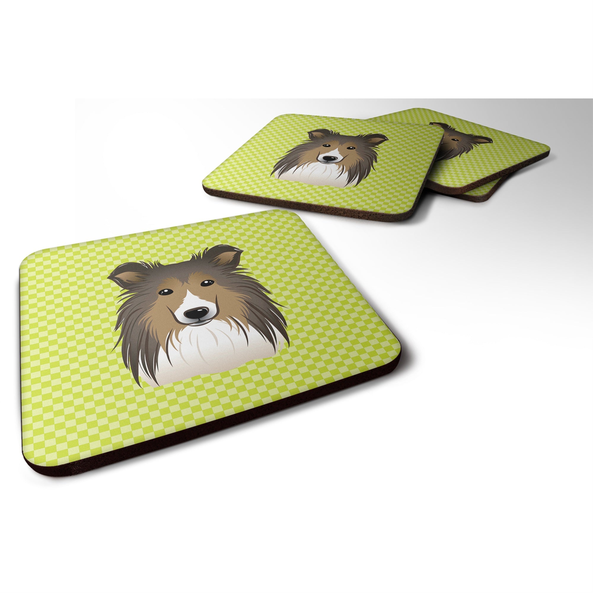 Caroline'S Treasures Bb1304Fc Checkerboard Lime Green Sheltie Foam Coaster (Set Of 4), 3.5 H X 3.5 W, Multicolor