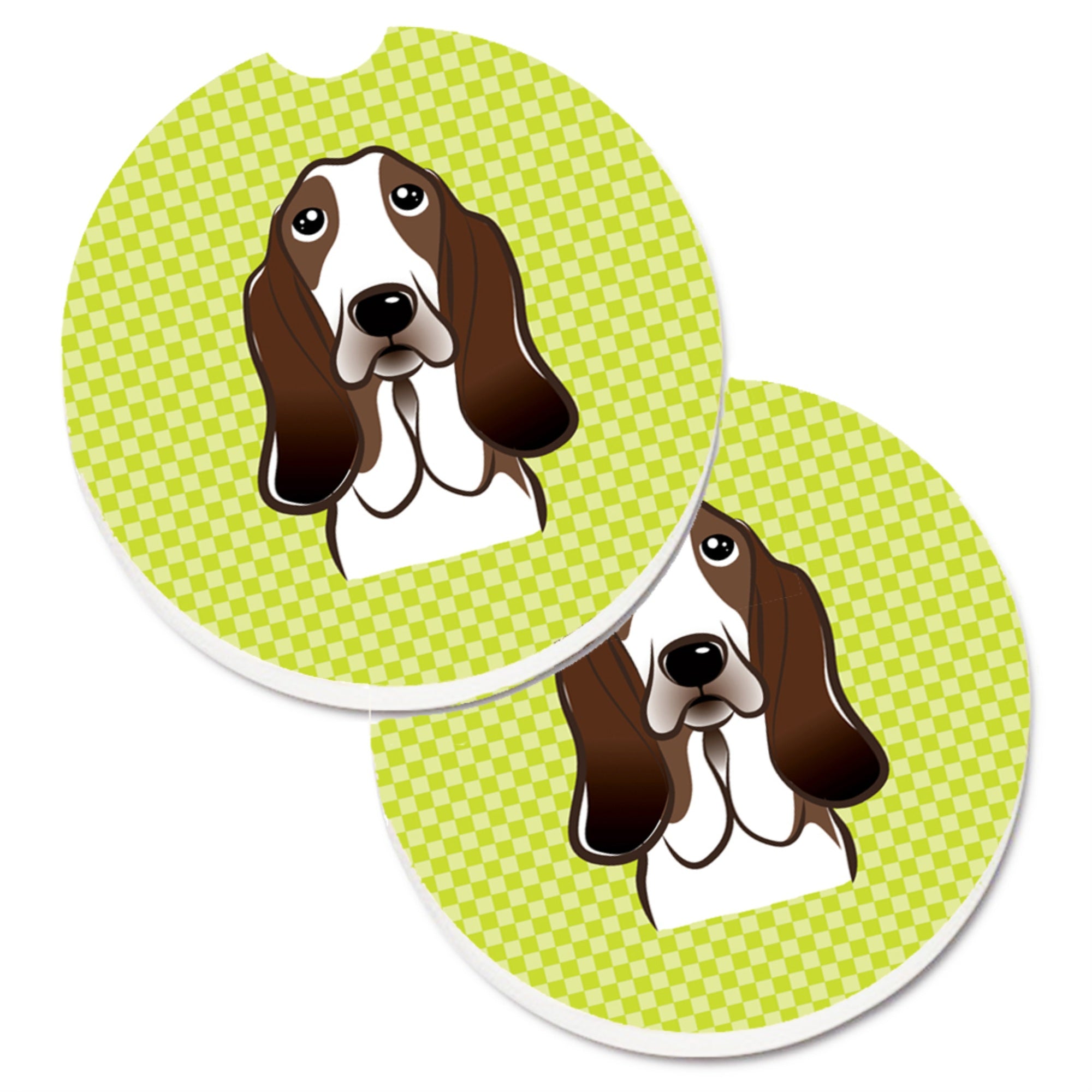 Caroline'S Treasures Checkerboard Lime Green Basset Hound Set Of 2 Cup Holder Car Coasters Bb1305Carc, 2.56, Multicolor
