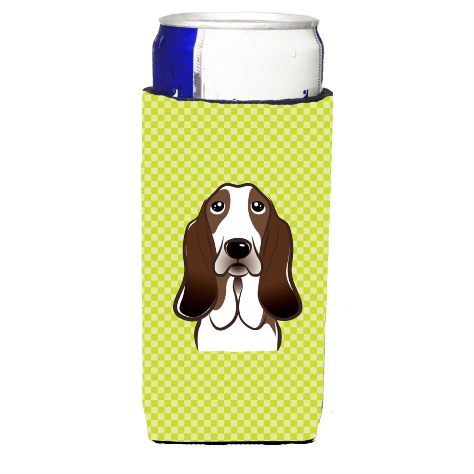 Checkerboard Lime Green Basset Hound Ultra Beverage Insulators For Slim Cans