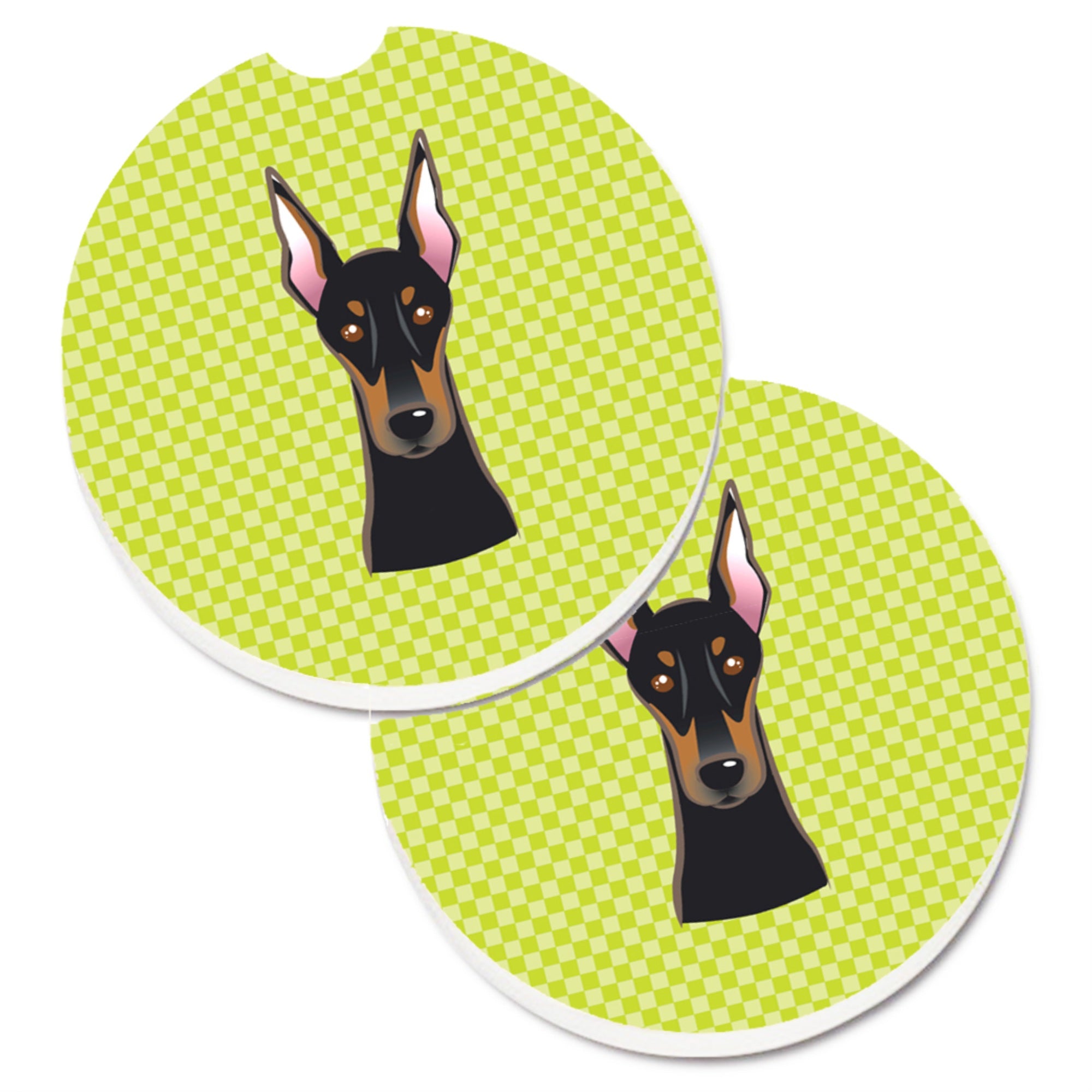 Caroline'S Treasures Checkerboard Lime Green Doberman Set Of 2 Cup Holder Car Coasters Bb1307Carc, 2.56, Multicolor