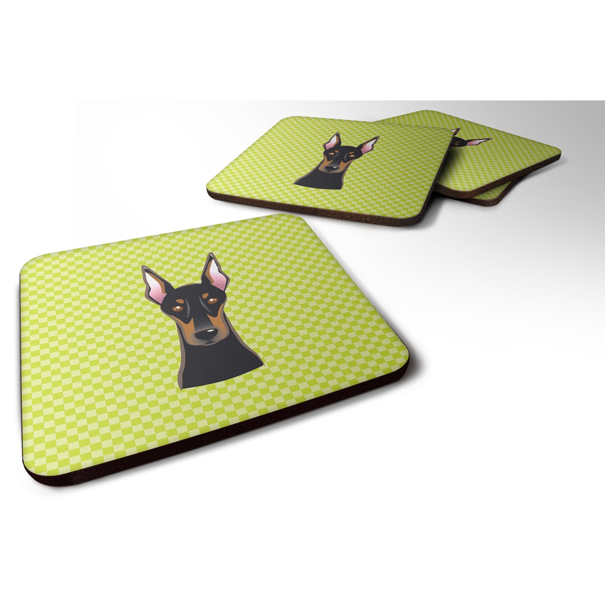 Caroline'S Treasures Bb1307Fc Checkerboard Lime Green Doberman Foam Coaster (Set Of 4), 3.5 H X 3.5 W, Multicolor