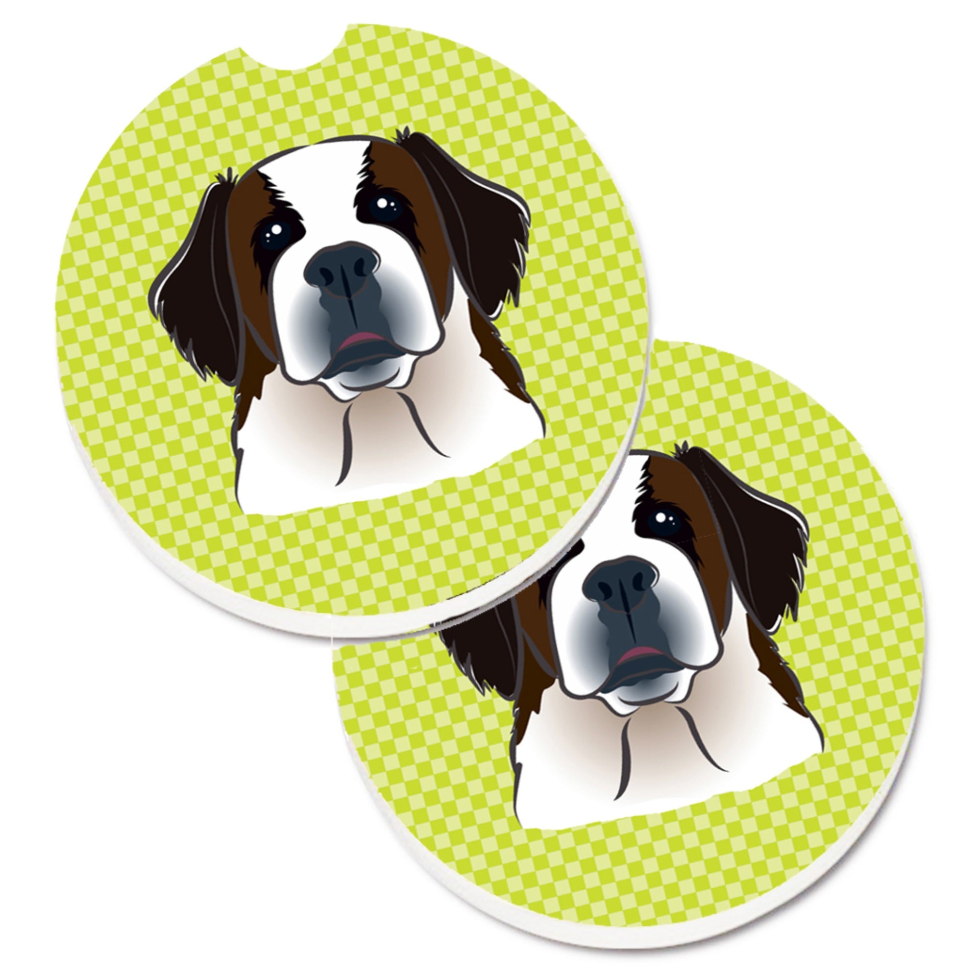 Caroline'S Treasures Checkerboard Lime Green Saint Bernard Set Of 2 Cup Holder Car Coasters Bb1308Carc, 2.56, Multicolor