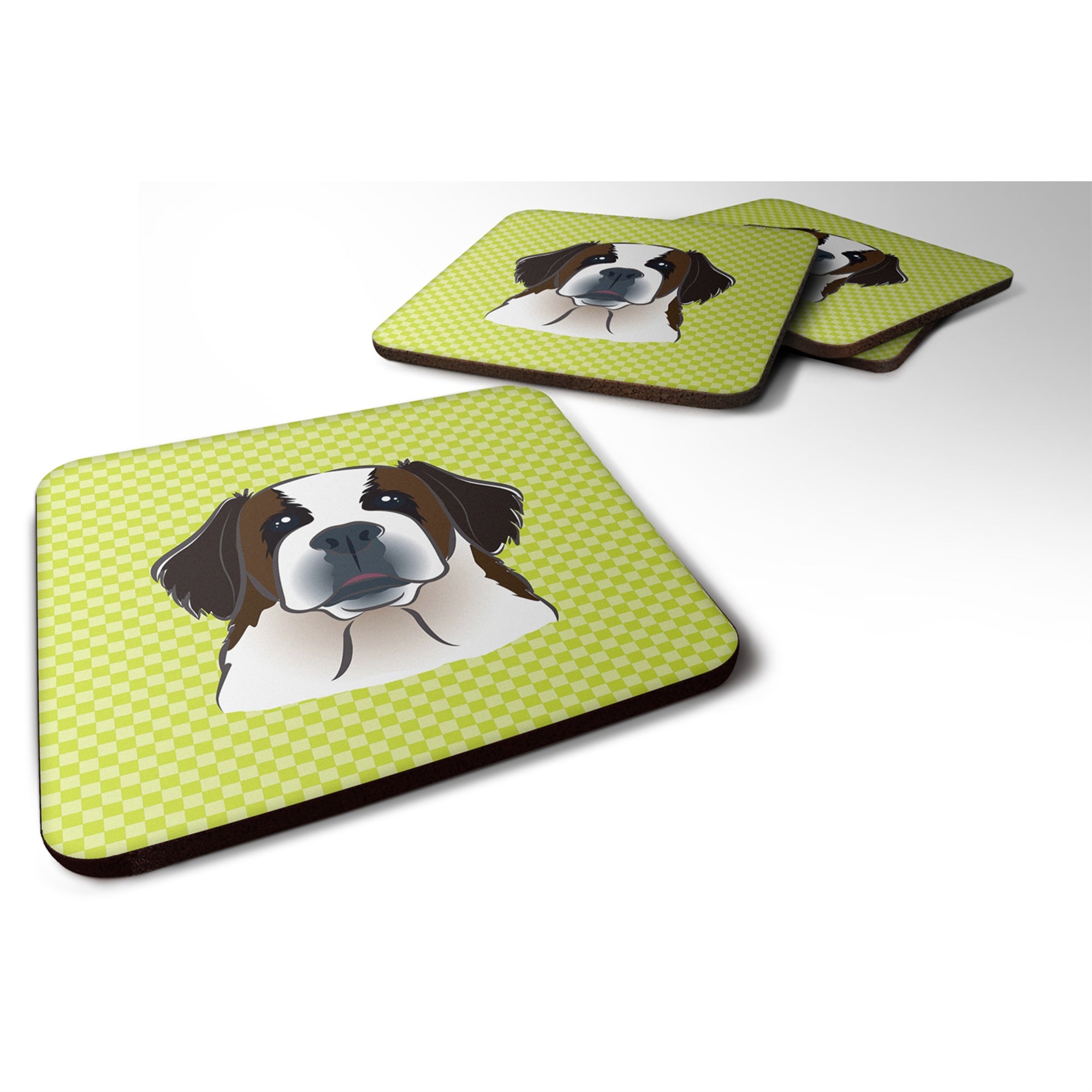 Caroline'S Treasures Bb1308Fc Checkerboard Lime Green Saint Bernard Foam Coaster (Set Of 4), 3.5 H X 3.5 W, Multicolor