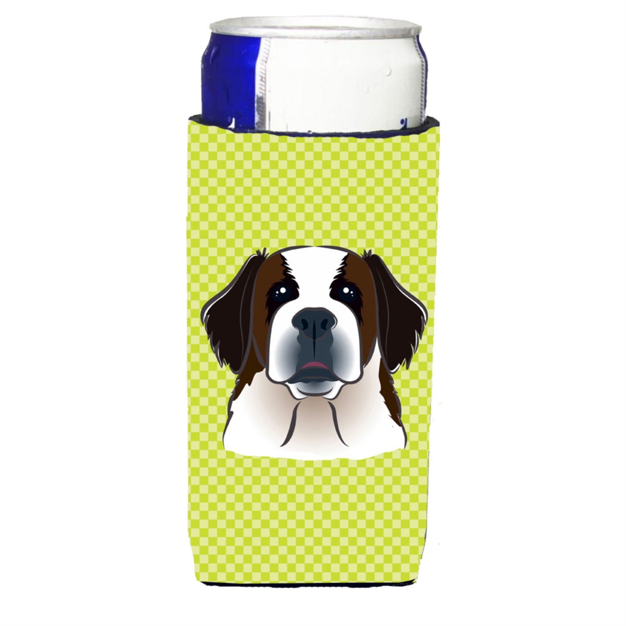 Checkerboard Lime Green Saint Bernard Ultra Beverage Insulators For Slim Cans