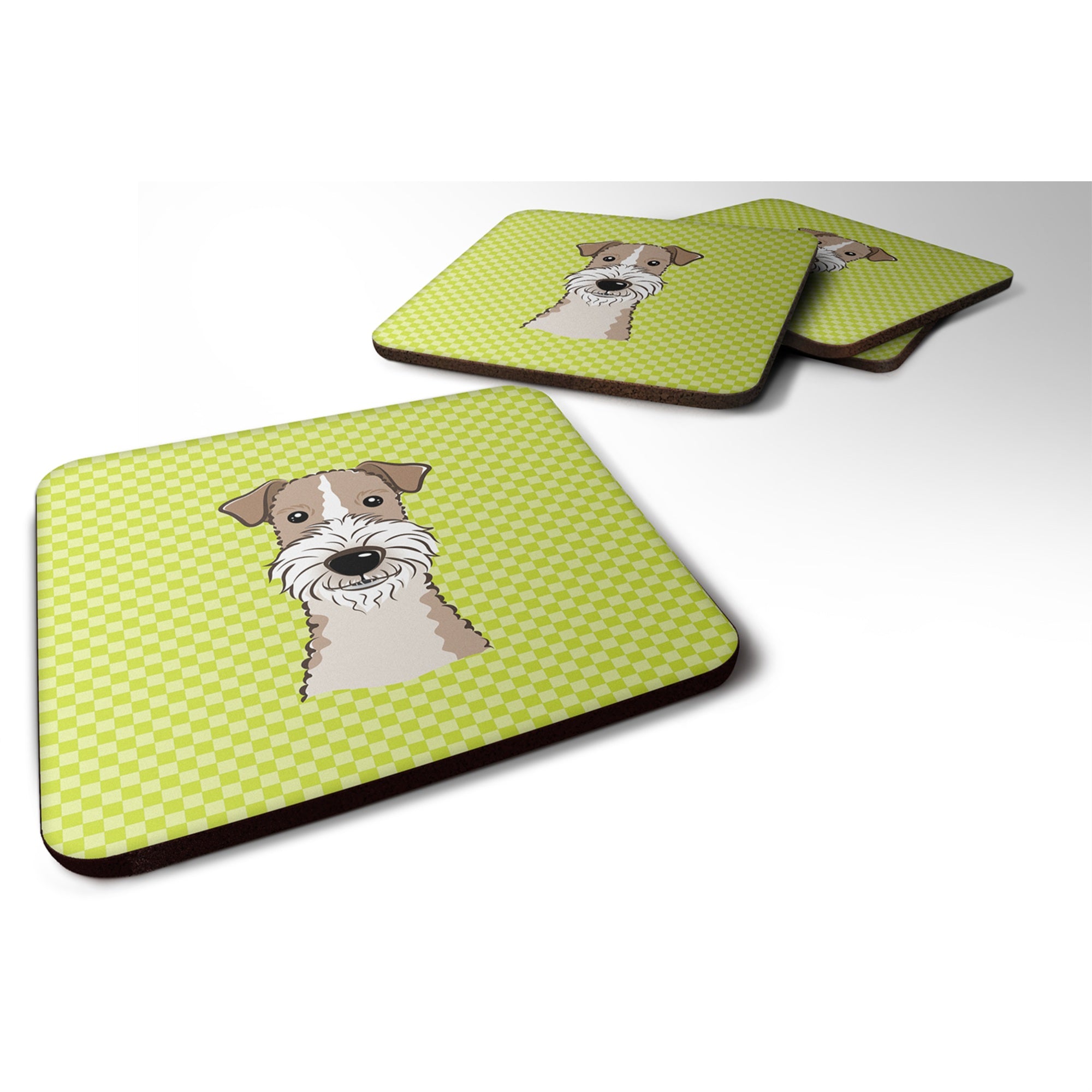 Caroline'S Treasures Bb1309Fc Checkerboard Lime Green Wire Haired Fox Terrier Foam Coaster (Set Of 4), 3.5 H X 3.5 W,