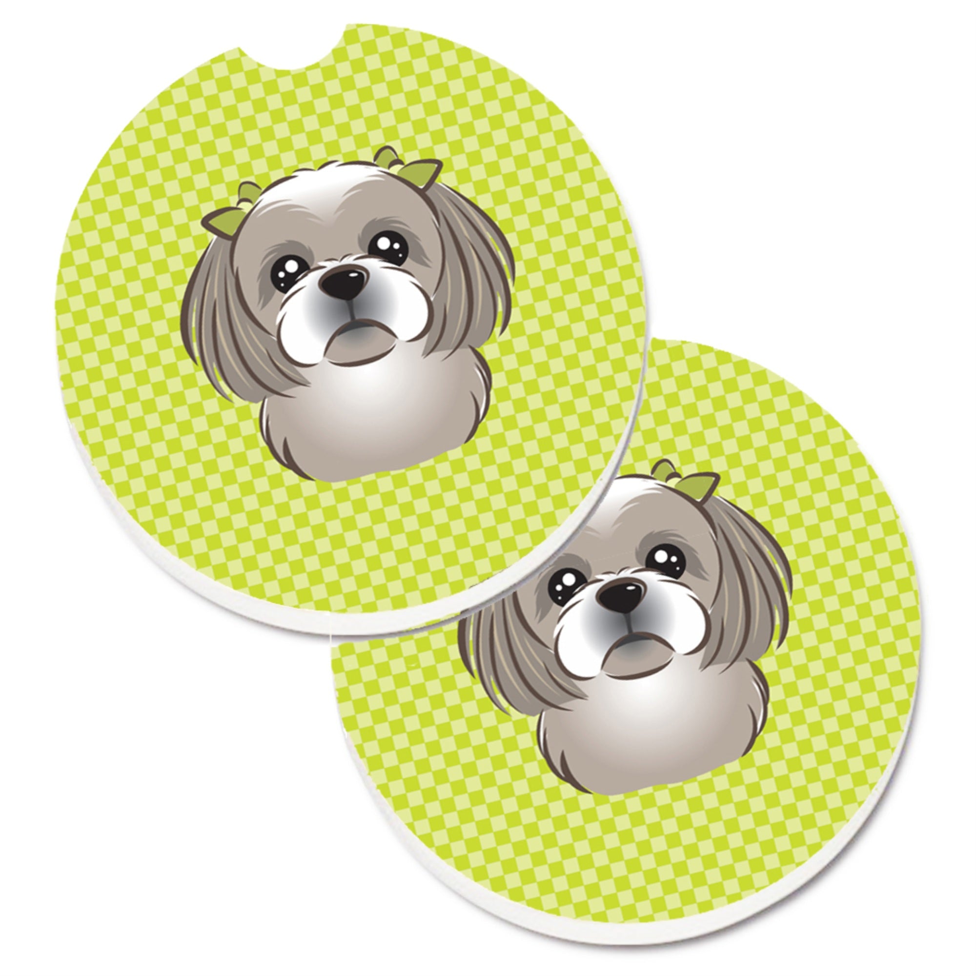 Caroline'S Treasures Checkerboard Lime Green Gray Silver Shih Tzu Set Of 2 Cup Holder Car Coasters Bb1312Carc, 2.56, Multicolo