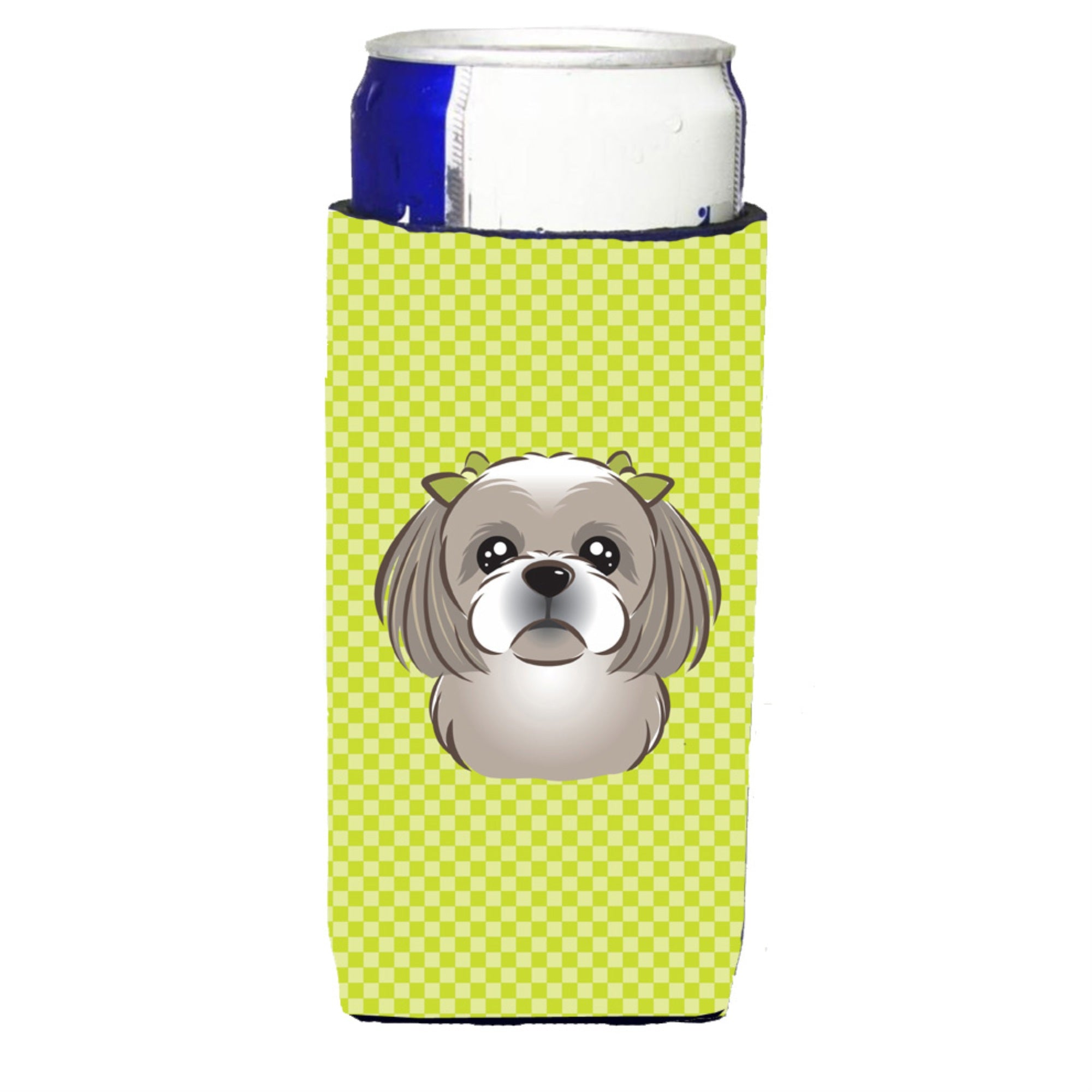 Checkerboard Lime Green Shih Tzu Ultra Beverage Insulators For Slim Cans