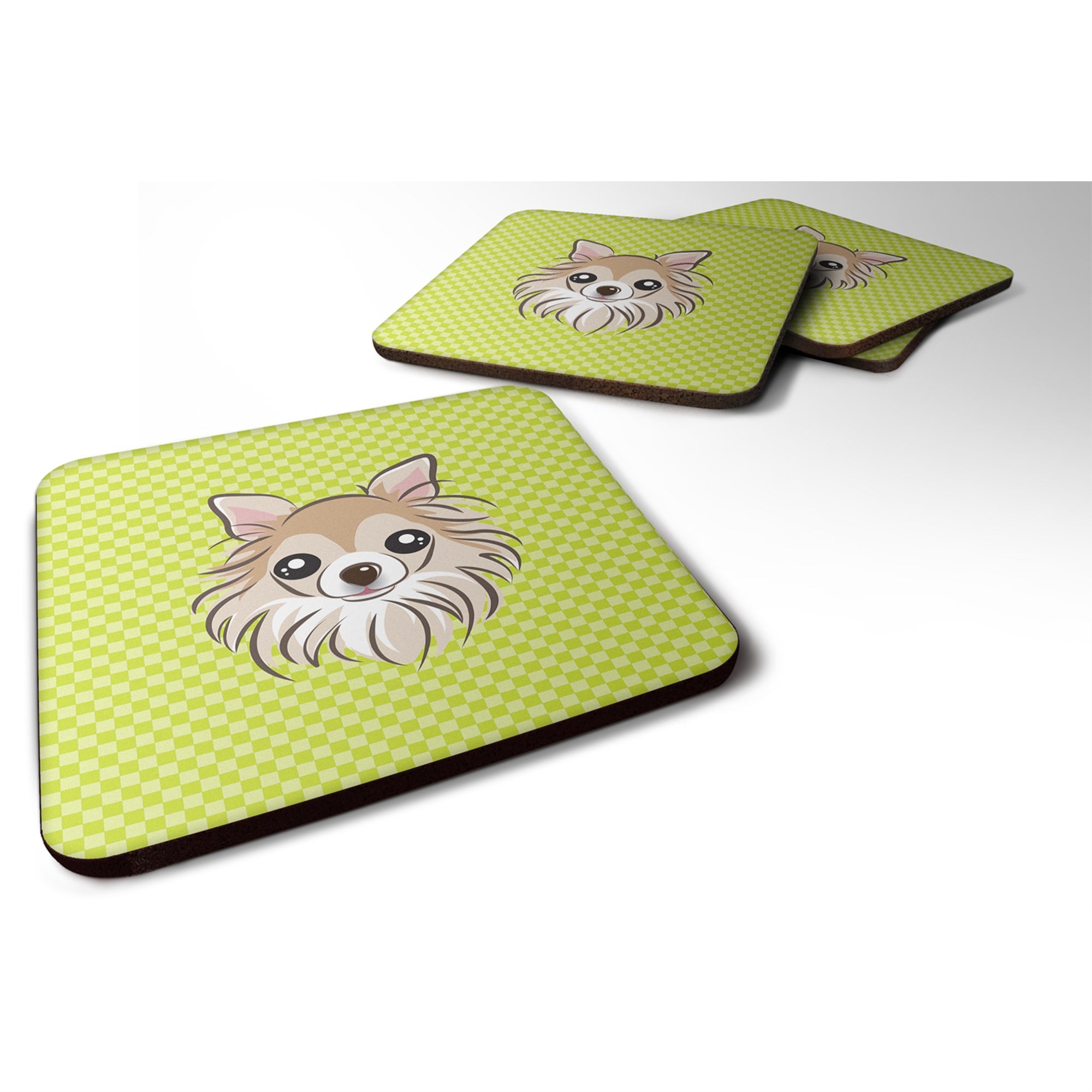Caroline'S Treasures Bb1313Fc Checkerboard Lime Green Chihuahua Foam Coaster (Set Of 4), 3.5 H X 3.5 W, Multicolor