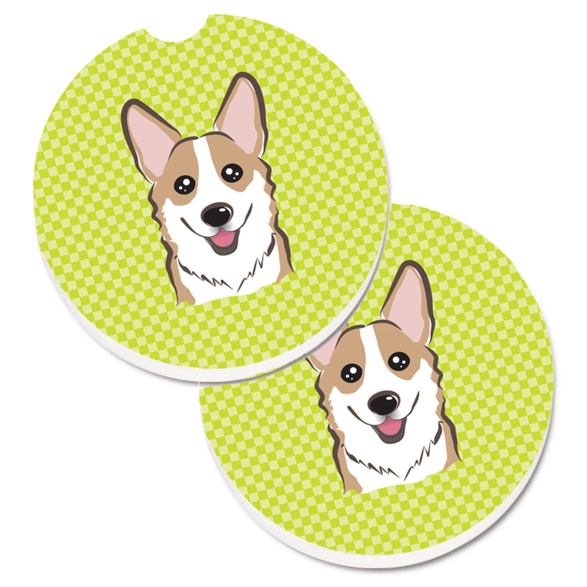 Caroline'S Treasures Checkerboard Lime Green Corgi Set Of 2 Cup Holder Car Coasters Bb1315Carc, 2.56, Multicolor