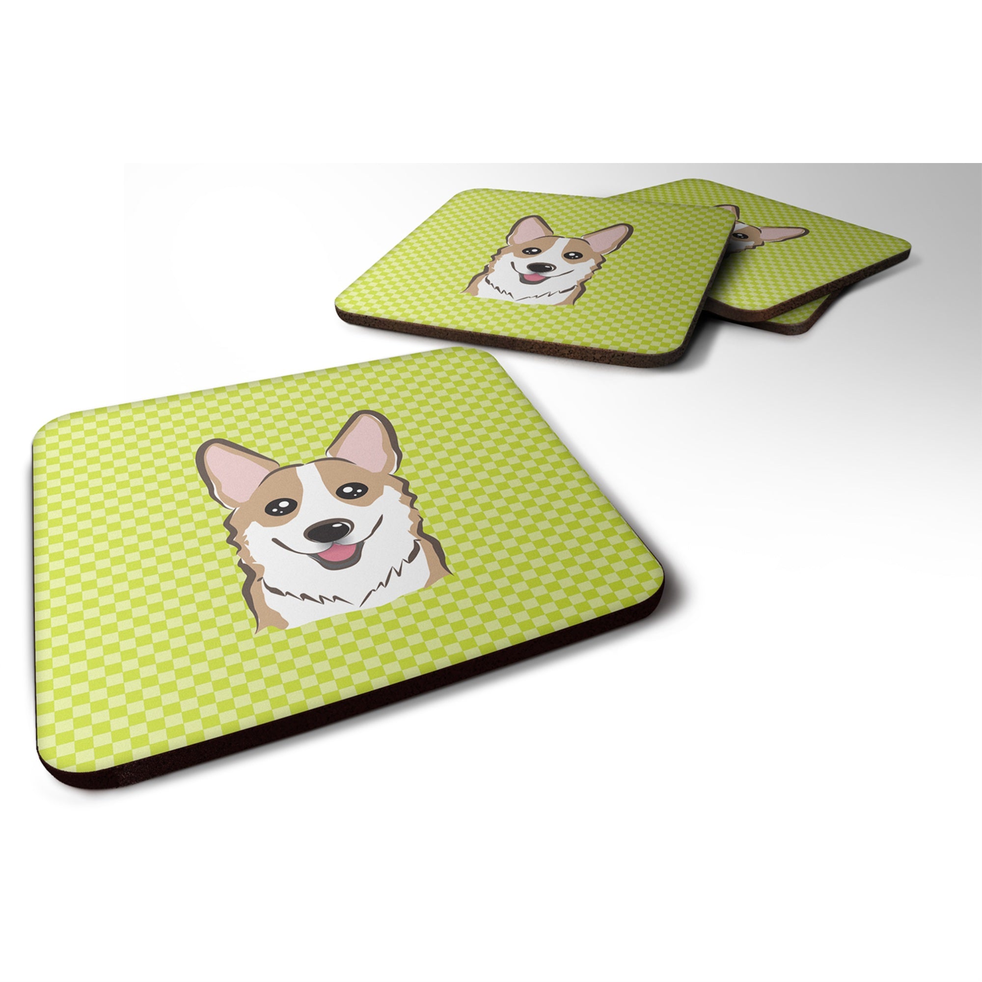 Caroline'S Treasures Bb1315Fc Checkerboard Lime Green Corgi Foam Coaster (Set Of 4), 3.5 H X 3.5 W, Multicolor