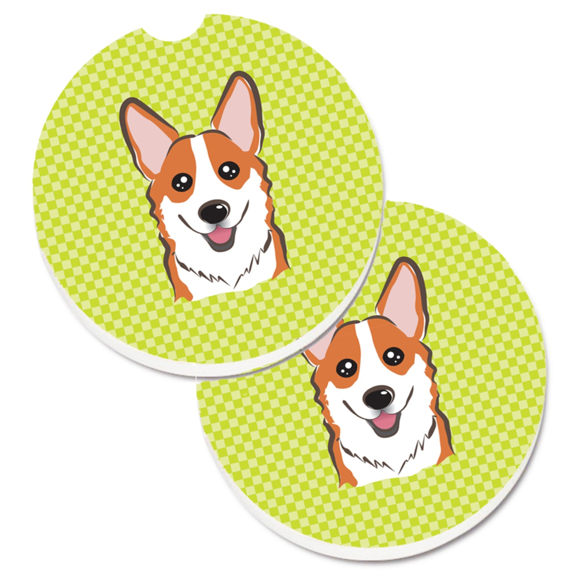 Caroline'S Treasures Checkerboard Lime Green Corgi Set Of 2 Cup Holder Car Coasters Bb1316Carc, 2.56, Multicolor
