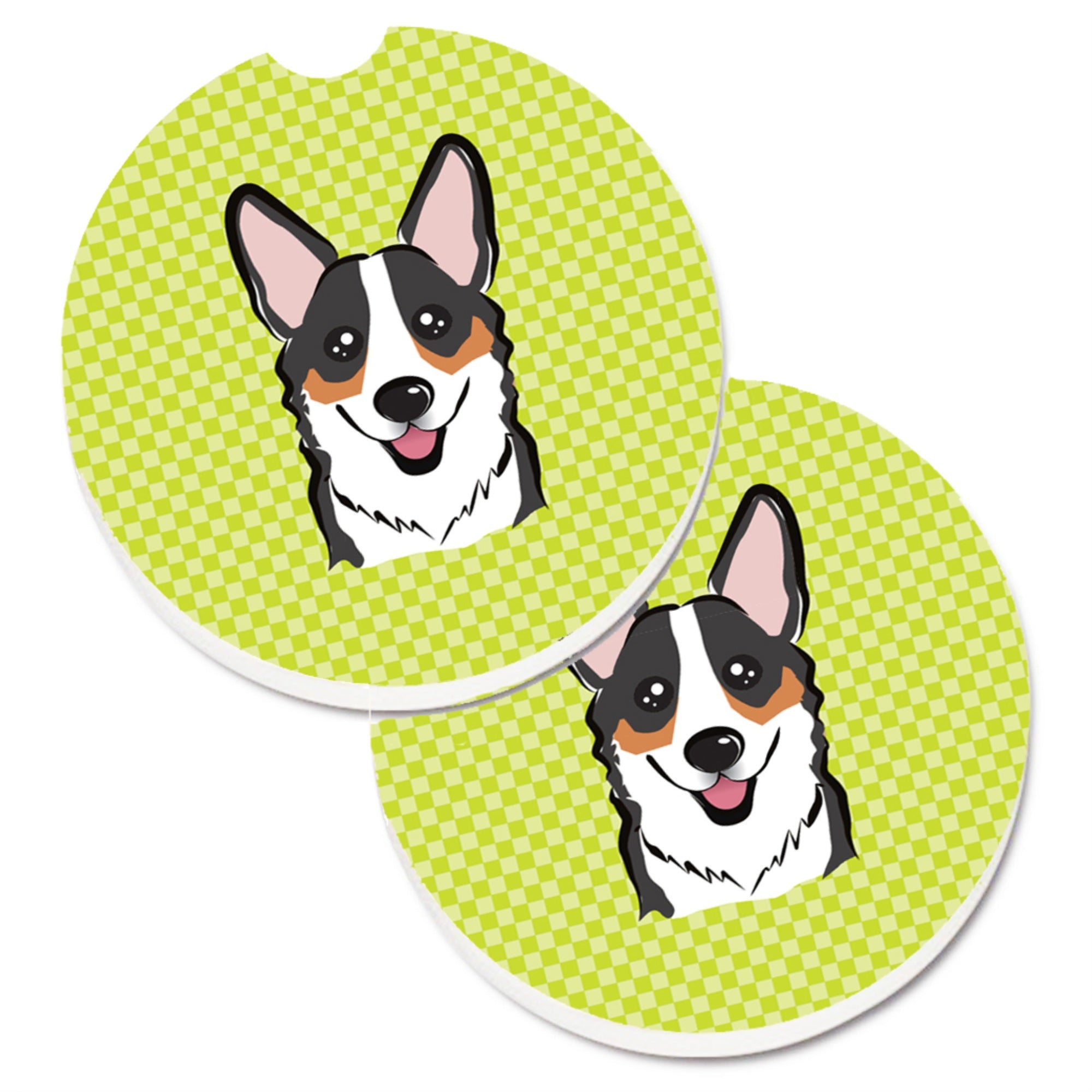 Caroline'S Treasures Checkerboard Lime Green Corgi Set Of 2 Cup Holder Car Coasters Bb1317Carc, 2.56, Multicolor