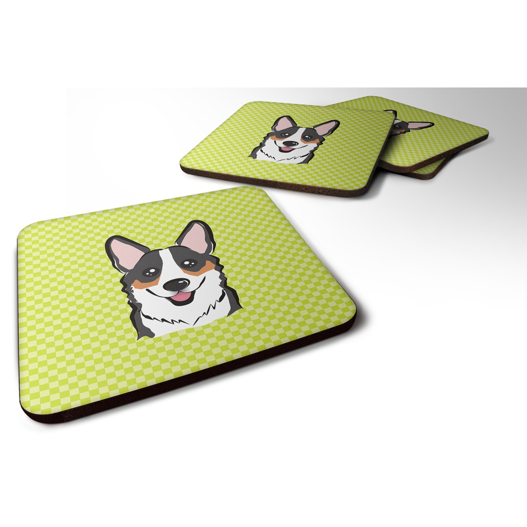 Caroline'S Treasures Bb1317Fc Checkerboard Lime Green Corgi Foam Coaster (Set Of 4), 3.5 H X 3.5 W, Multicolor