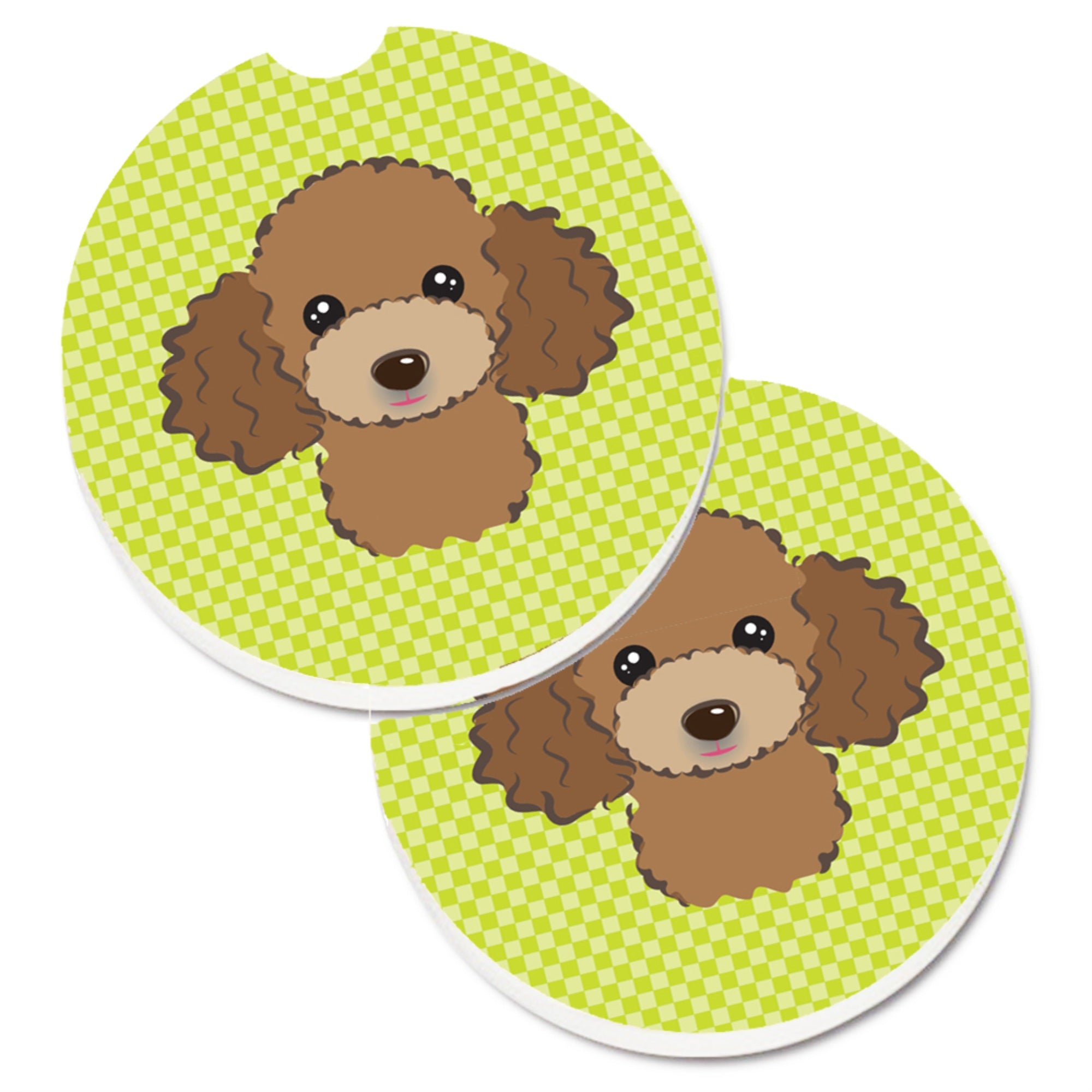 Caroline'S Treasures Checkerboard Lime Green Chocolate Brown Poodle Set Of 2 Cup Holder Car Coasters Bb1318Carc, 2.56, Multico