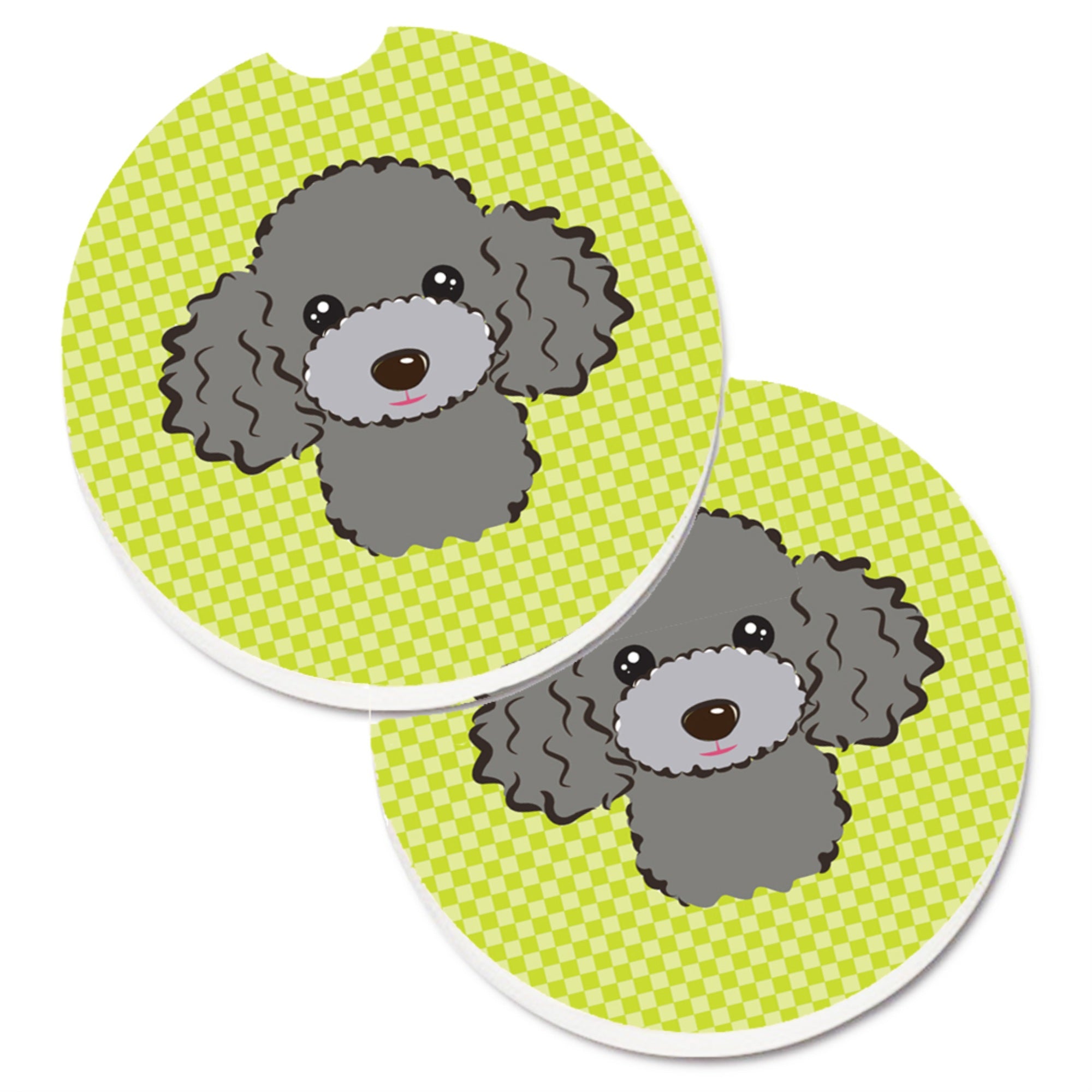 Caroline'S Treasures Checkerboard Lime Green Silver Gray Poodle Set Of 2 Cup Holder Car Coasters Bb1321Carc, 2.56, Multicolor,