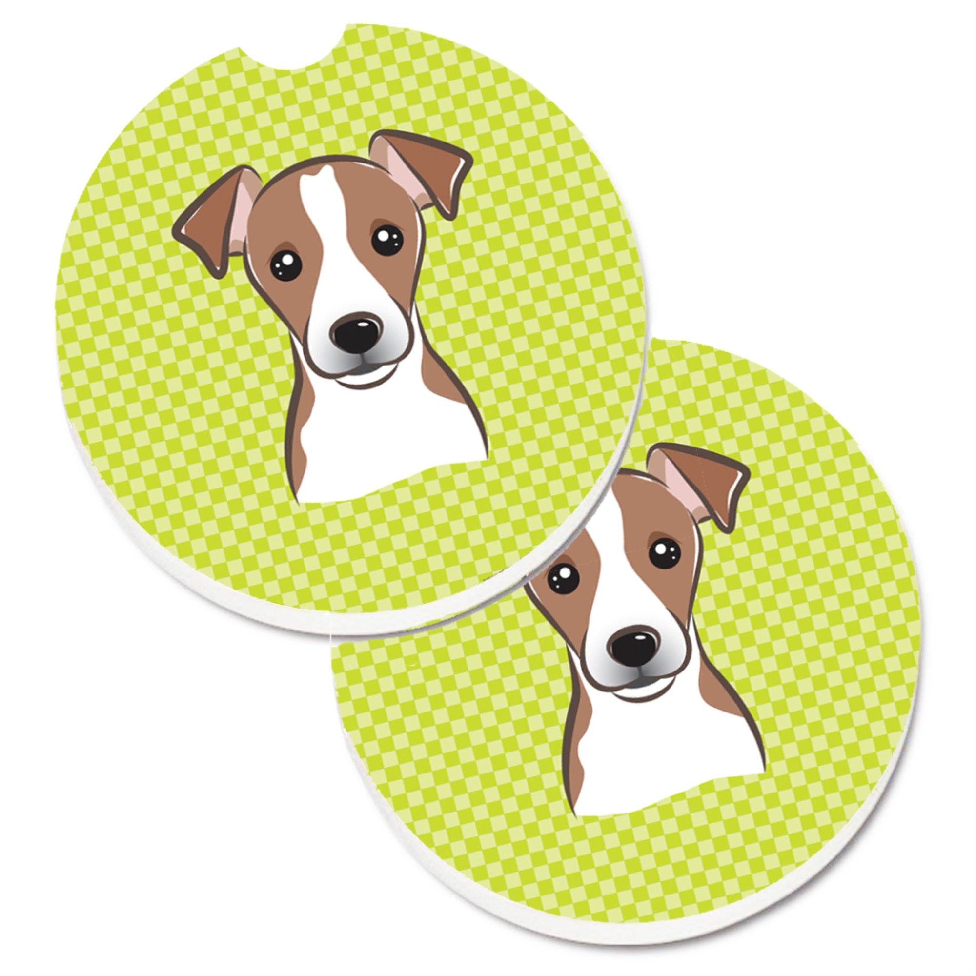 Caroline'S Treasures Checkerboard Lime Green Jack Russell Terrier Set Of 2 Cup Holder Car Coasters Bb1322Carc, 2.56, Multicolo