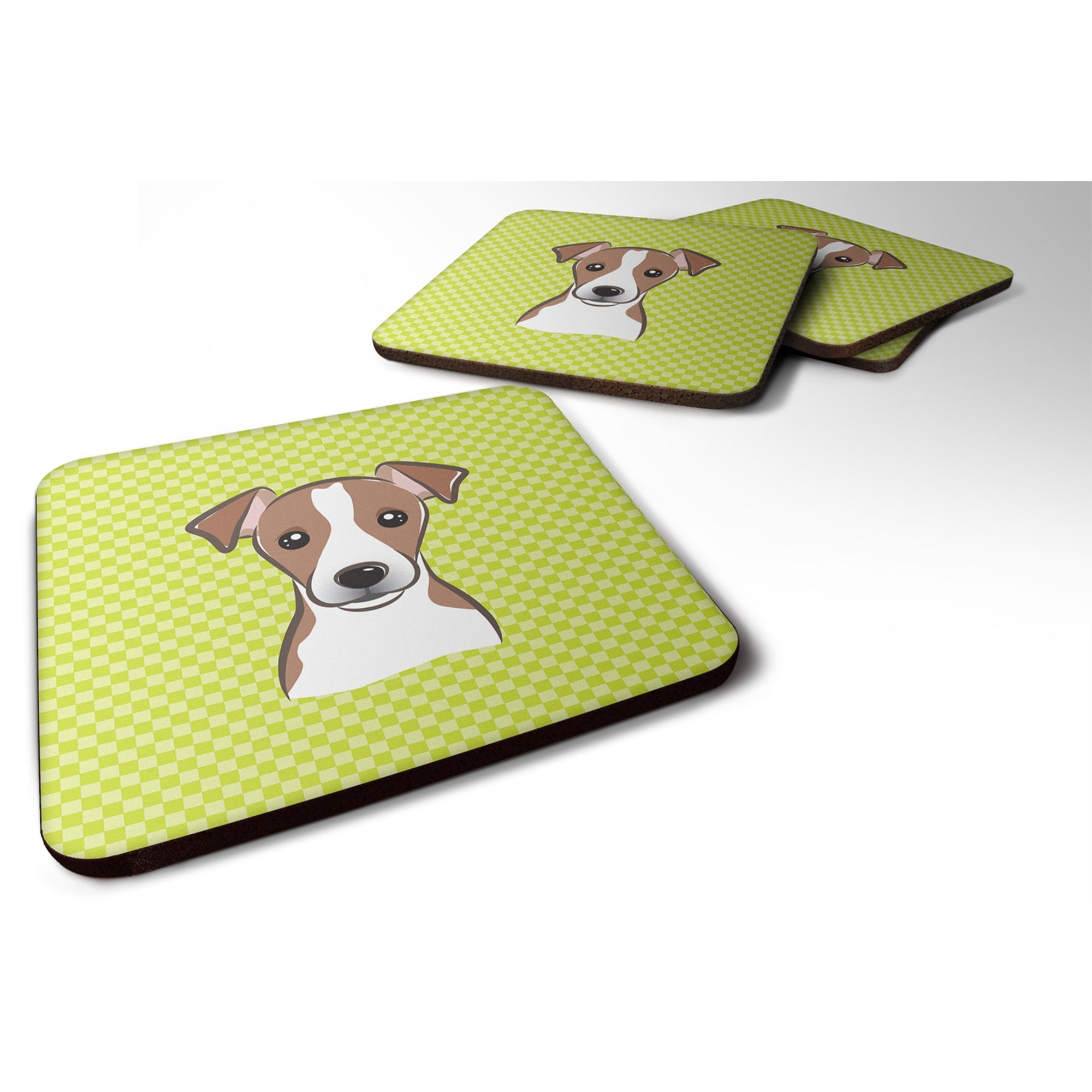 Caroline'S Treasures Bb1322Fc Checkerboard Lime Green Jack Russell Terrier Foam Coaster (Set Of 4), 3.5 H X 3.5 W, Mul