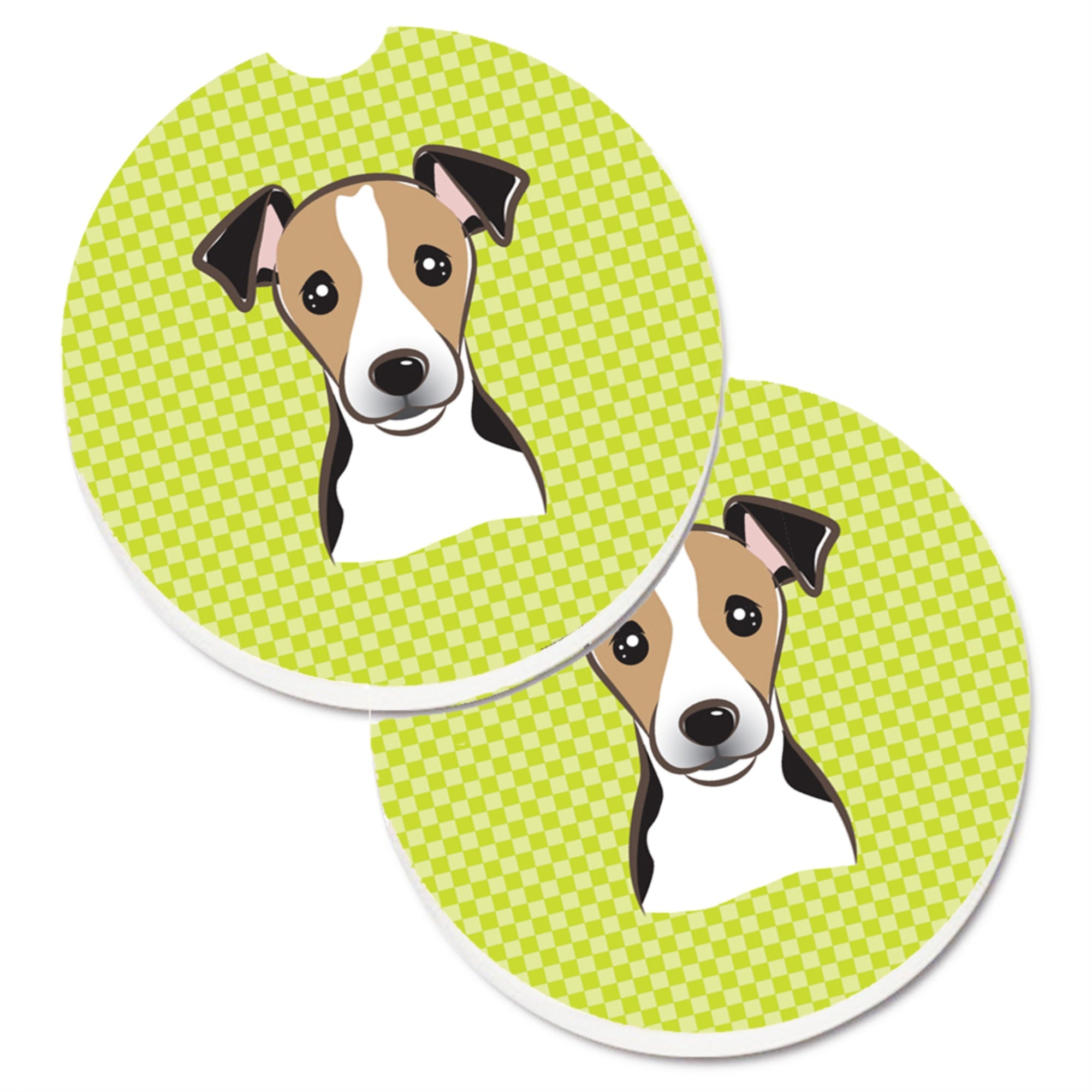 Caroline'S Treasures Checkerboard Lime Green Jack Russell Terrier Set Of 2 Cup Holder Car Coasters Bb1323Carc, 2.56, Multicolo