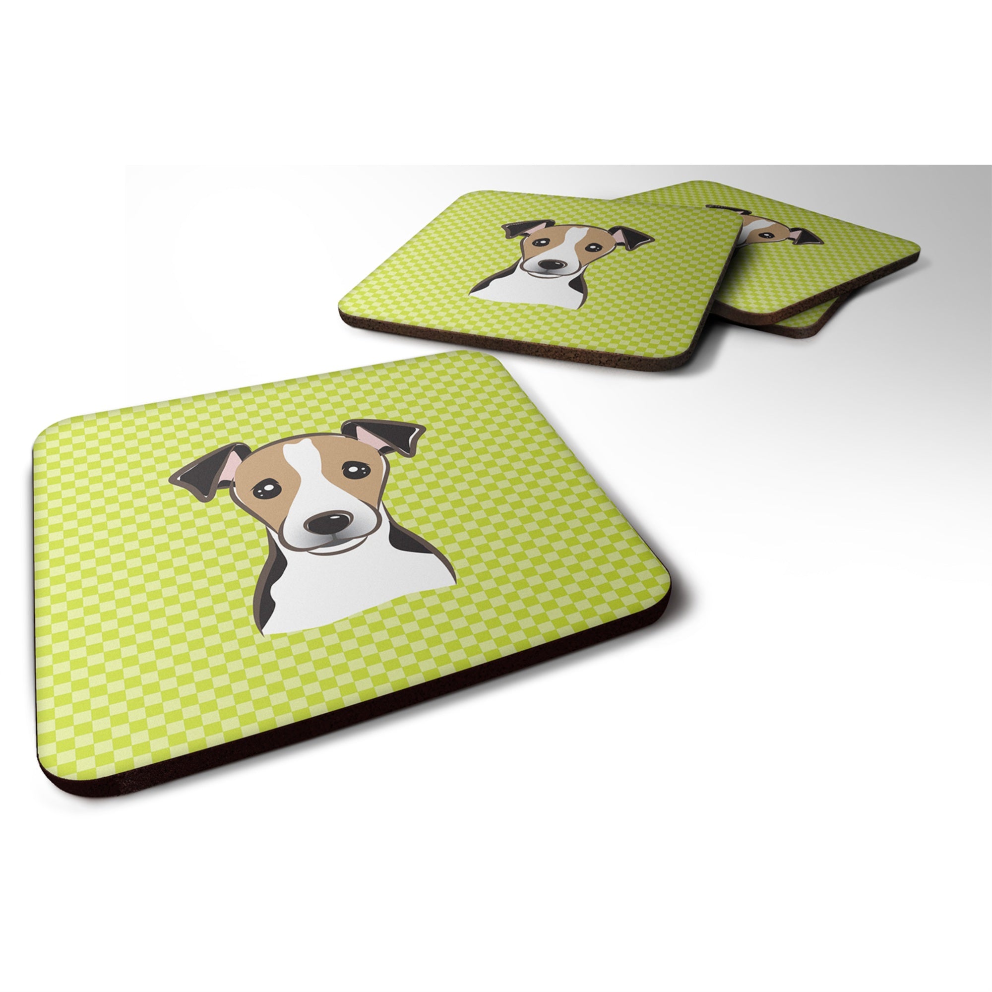 Caroline'S Treasures Bb1323Fc Checkerboard Lime Green Jack Russell Terrier Foam Coaster (Set Of 4), 3.5 H X 3.5 W, Mul