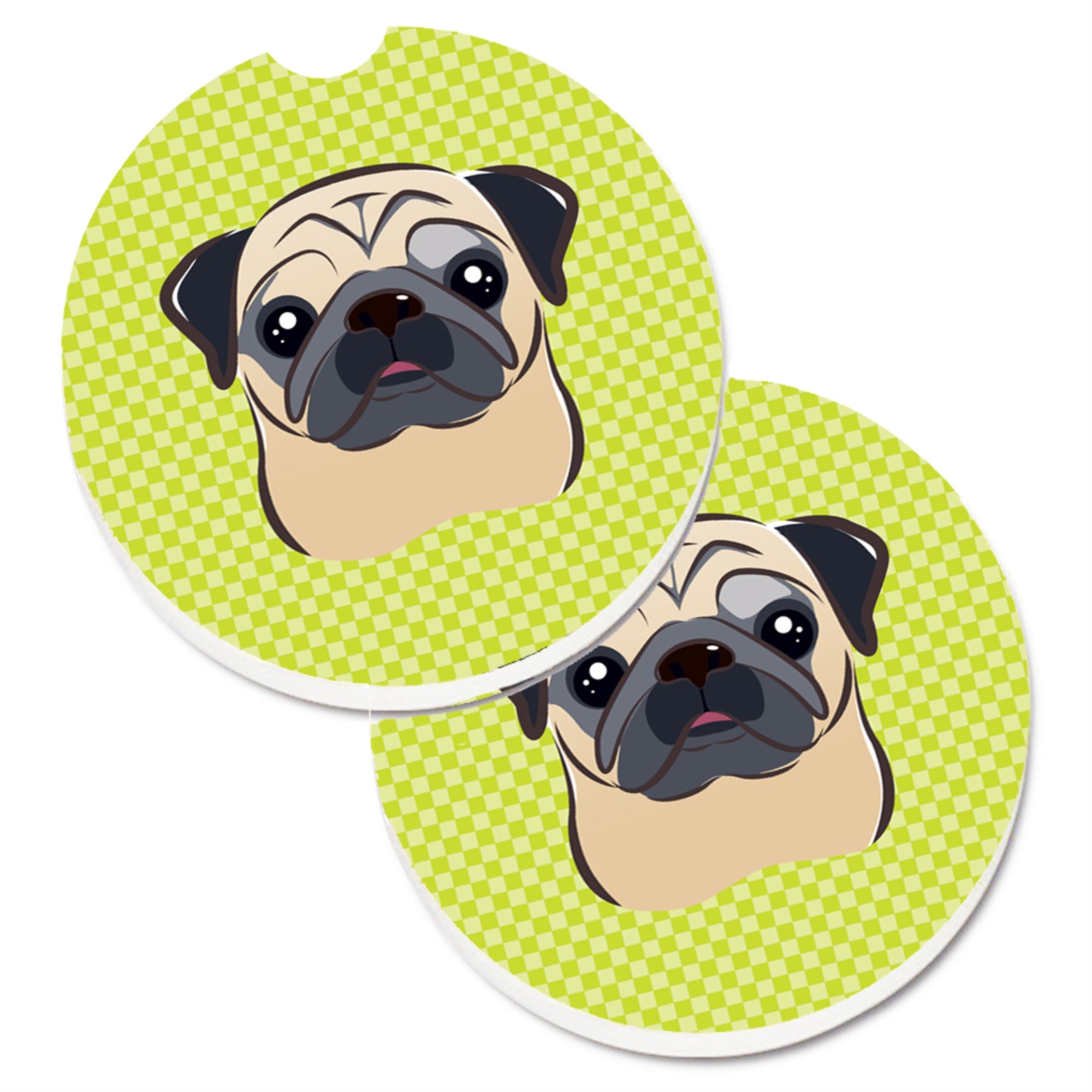 Caroline'S Treasures Checkerboard Lime Green Fawn Pug Set Of 2 Cup Holder Car Coasters Bb1324Carc, 2.56, Multicolor