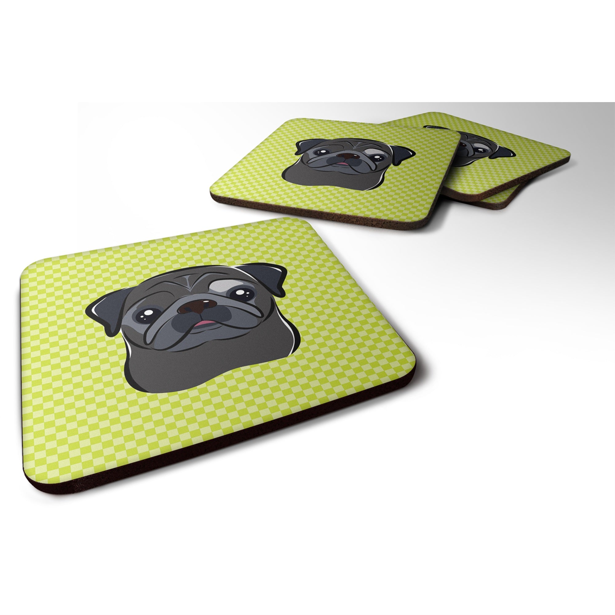 Caroline'S Treasures Bb1325Fc Checkerboard Lime Green Black Pug Foam Coaster (Set Of 4), 3.5 H X 3.5 W, Multicolor