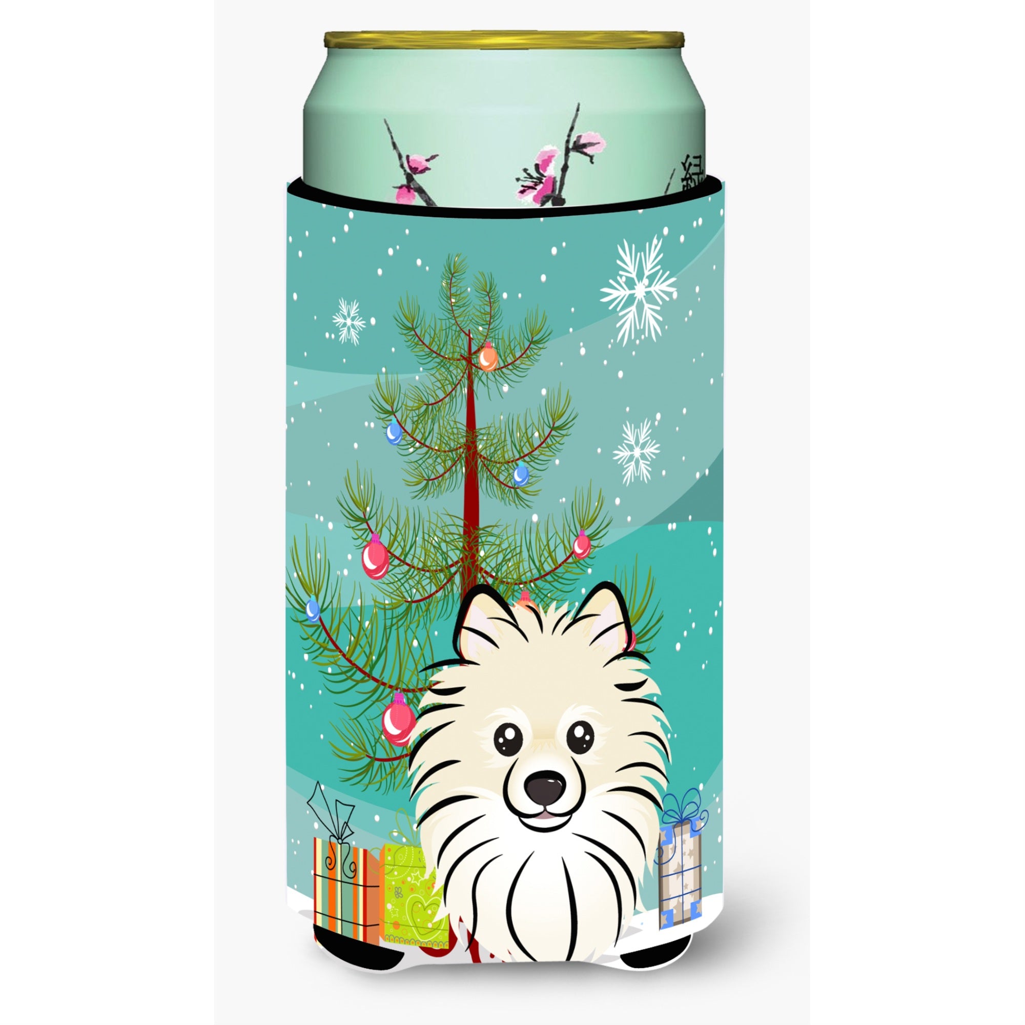 Caroline'S Treasures Christmas Tree And Pomeranian Tall Boy Koozie Hugger, Multicolor