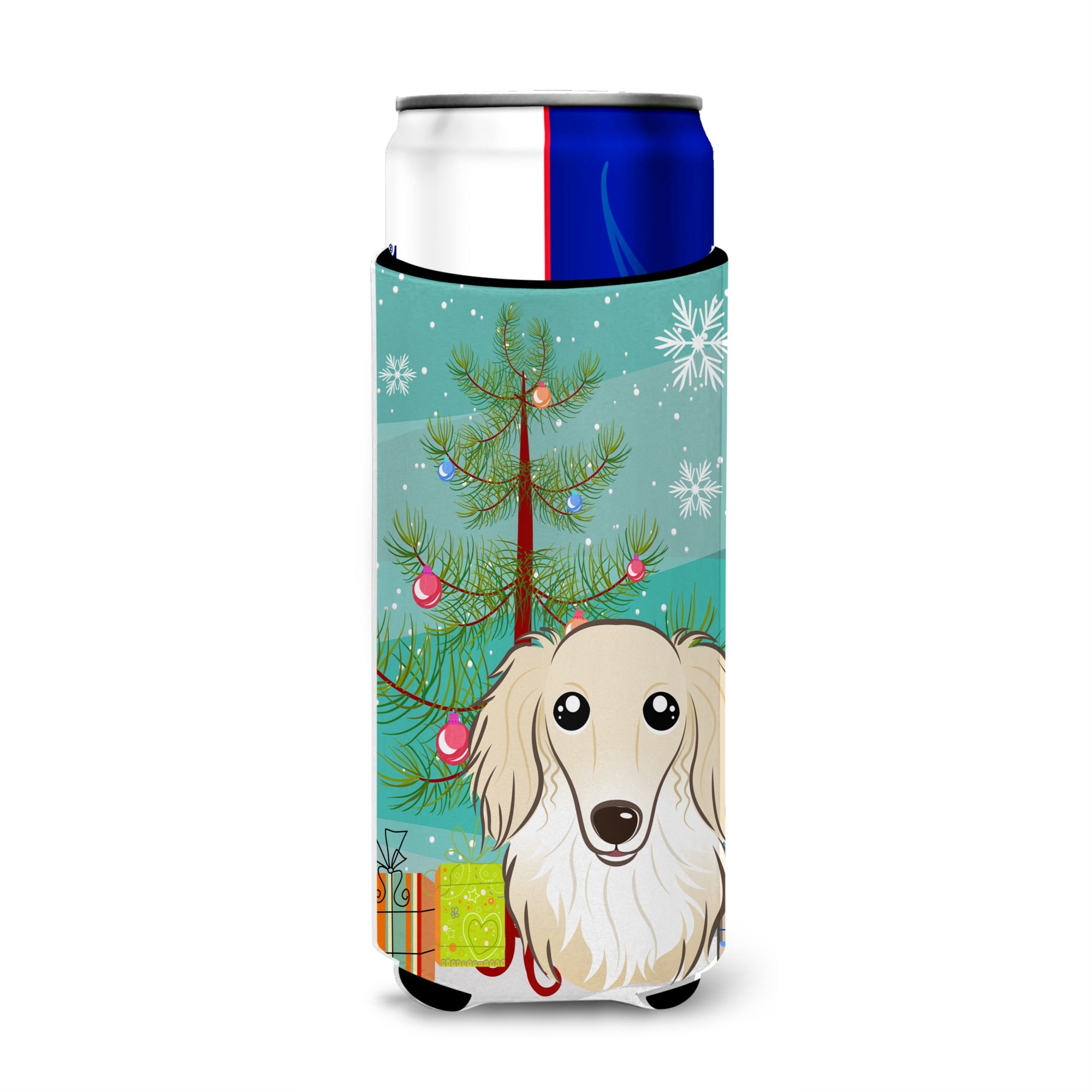 Caroline'S Treasures Christmas Tree And Longhair Creme Dachshund Michelob Ultra Koozies For Slim Cans, Multicolor