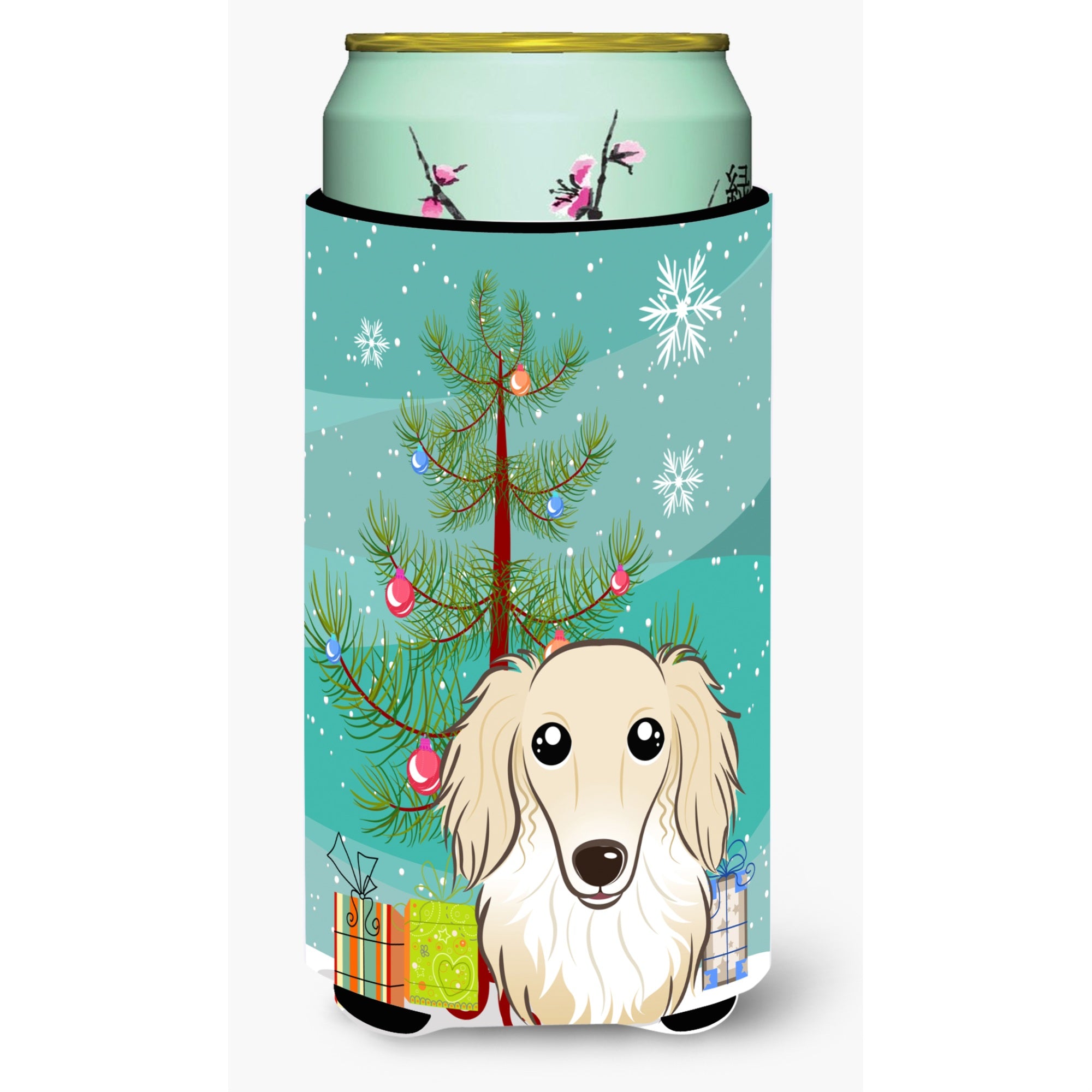 Caroline'S Treasures Christmas Tree And Longhair Creme Dachshund Tall Boy Koozie Hugger, Multicolor