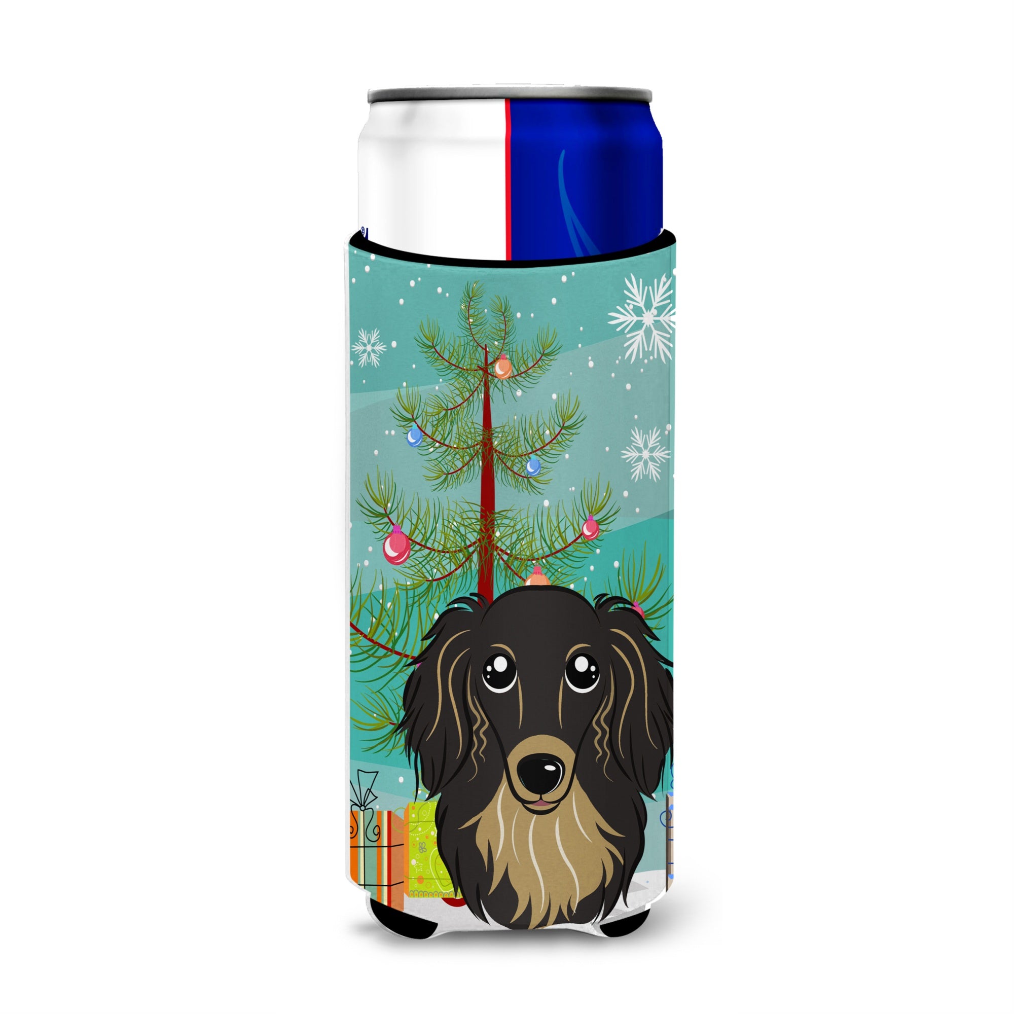 Caroline'S Treasures Christmas Tree And Longhair Black And Tan Dachshund Michelob Ultra Koozies For Slim Cans, Multicolor