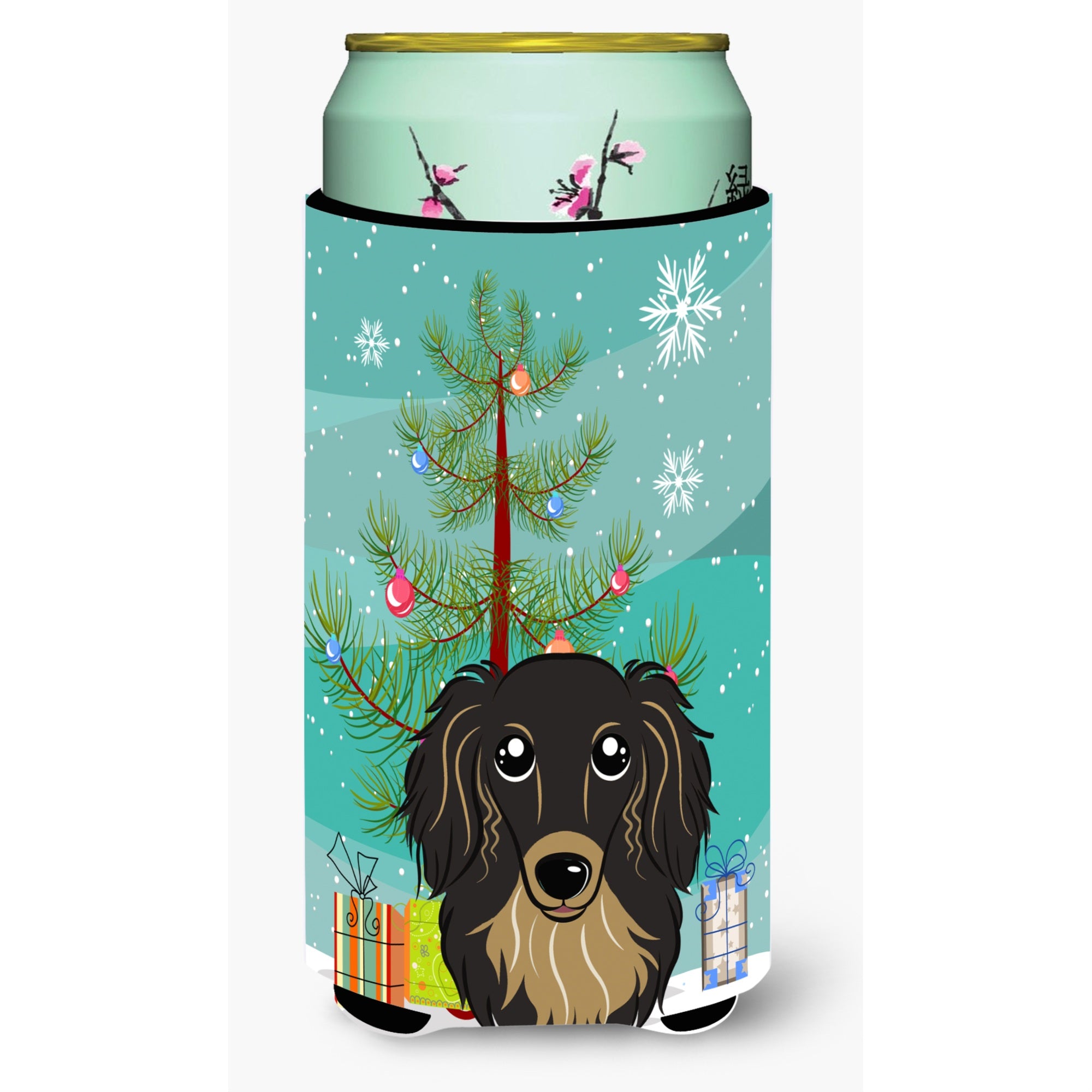 Caroline'S Treasures Christmas Tree And Longhair Black And Tan Dachshund Tall Boy Koozie Hugger, Multicolor