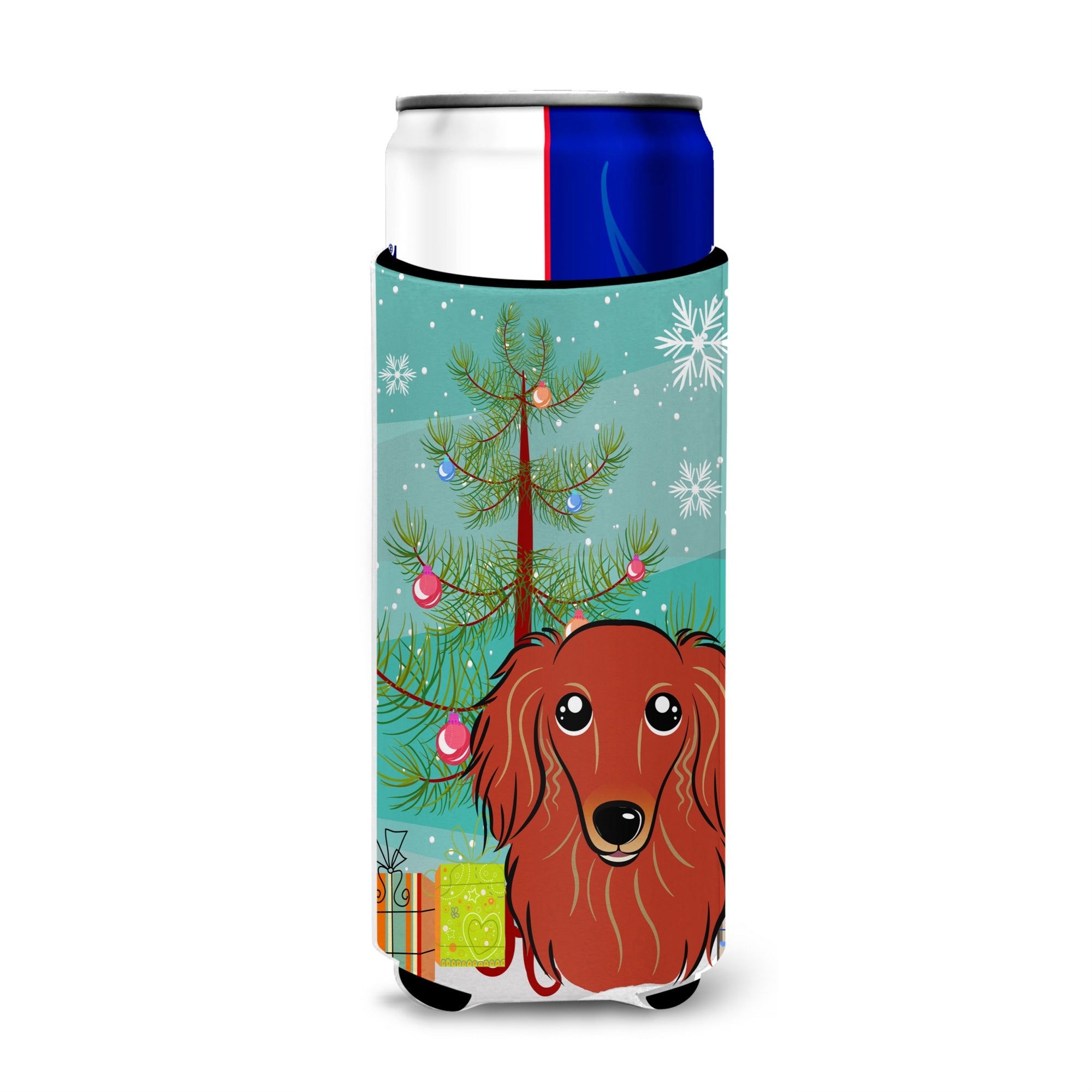 Caroline'S Treasures Christmas Tree And Longhair Red Dachshund Michelob Ultra Koozies For Slim Cans, Multicolor
