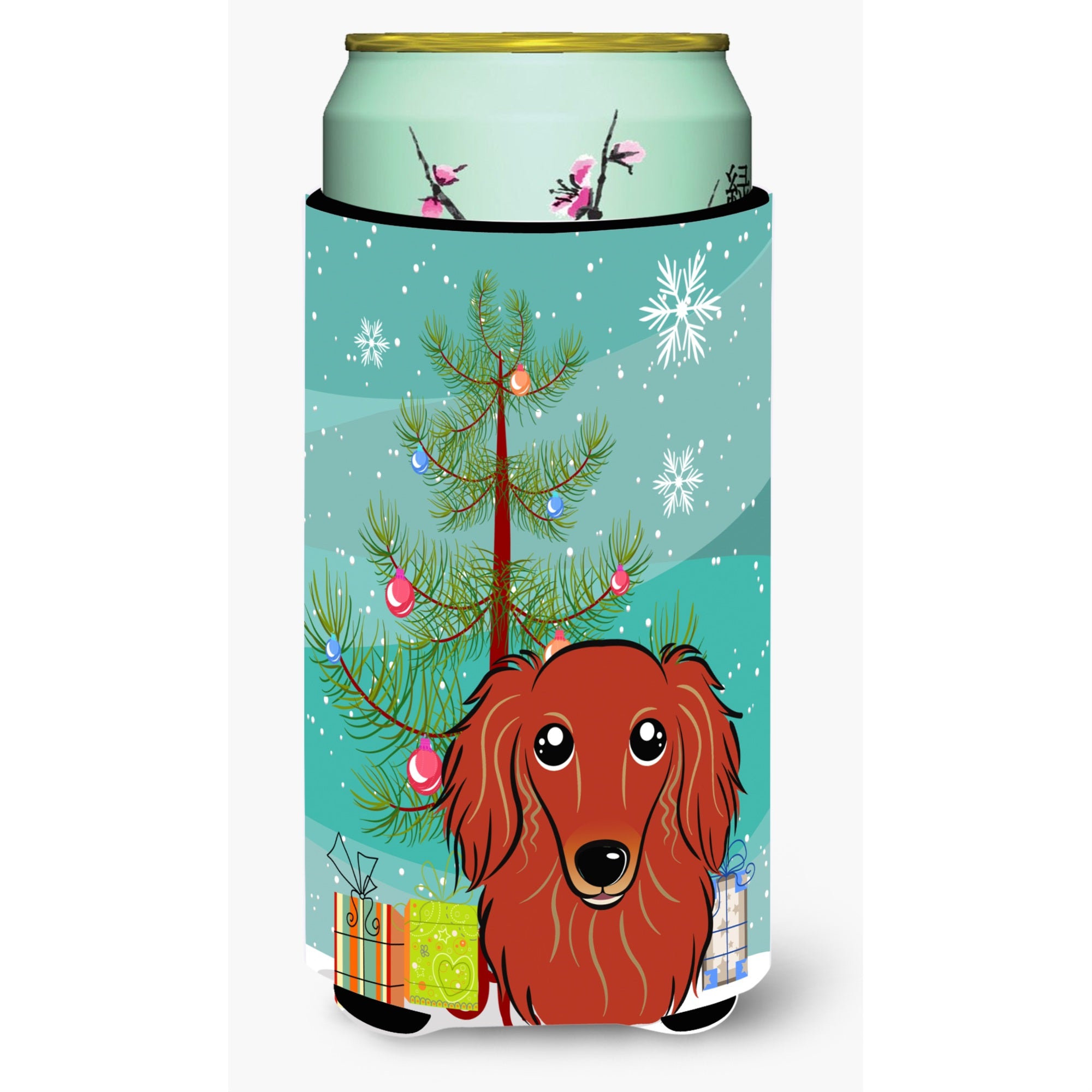 Caroline'S Treasures Christmas Tree And Longhair Red Dachshund Tall Boy Koozie Hugger, Multicolor