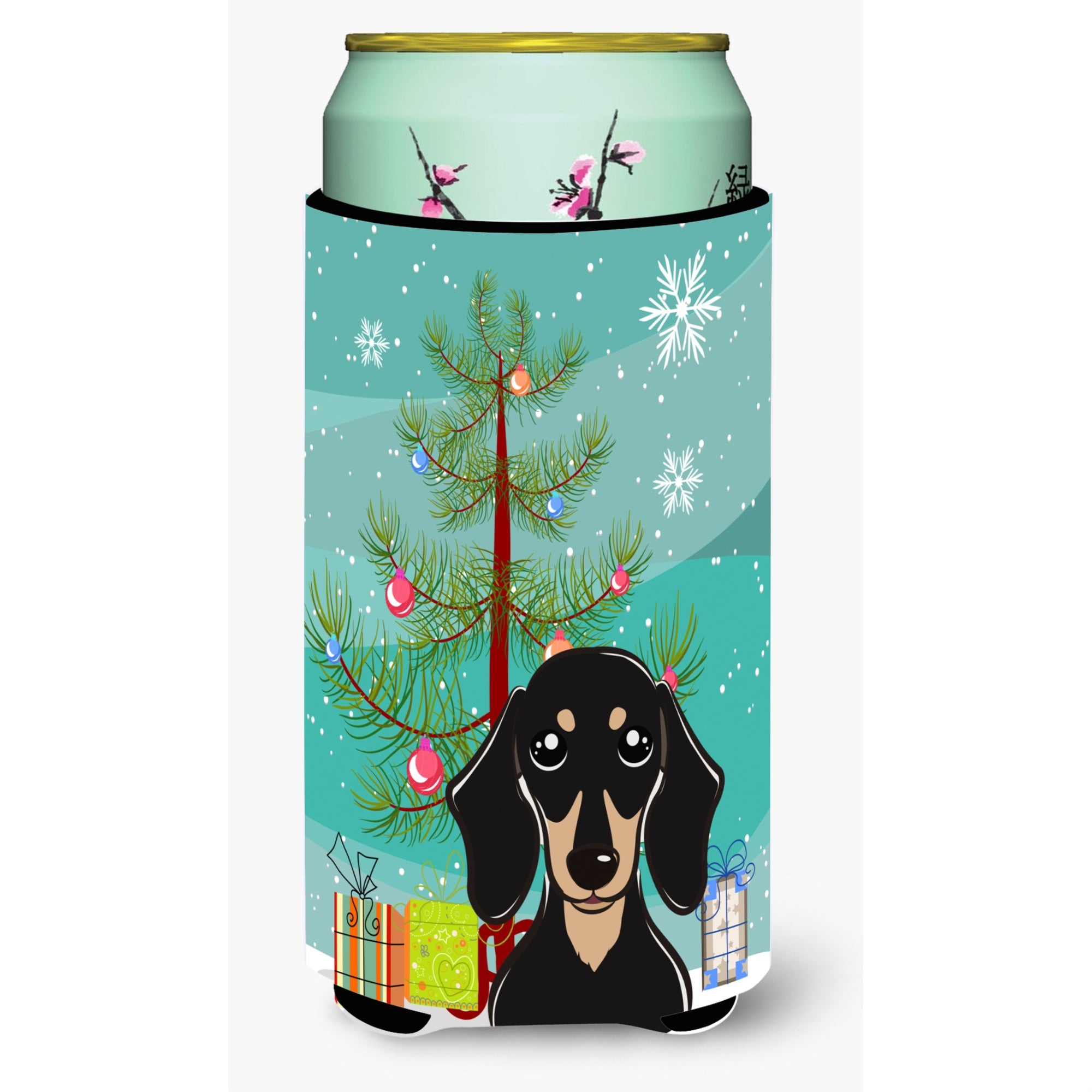 Caroline'S Treasures Christmas Tree And Smooth Black And Tan Dachshund Tall Boy Koozie Hugger, Multicolor