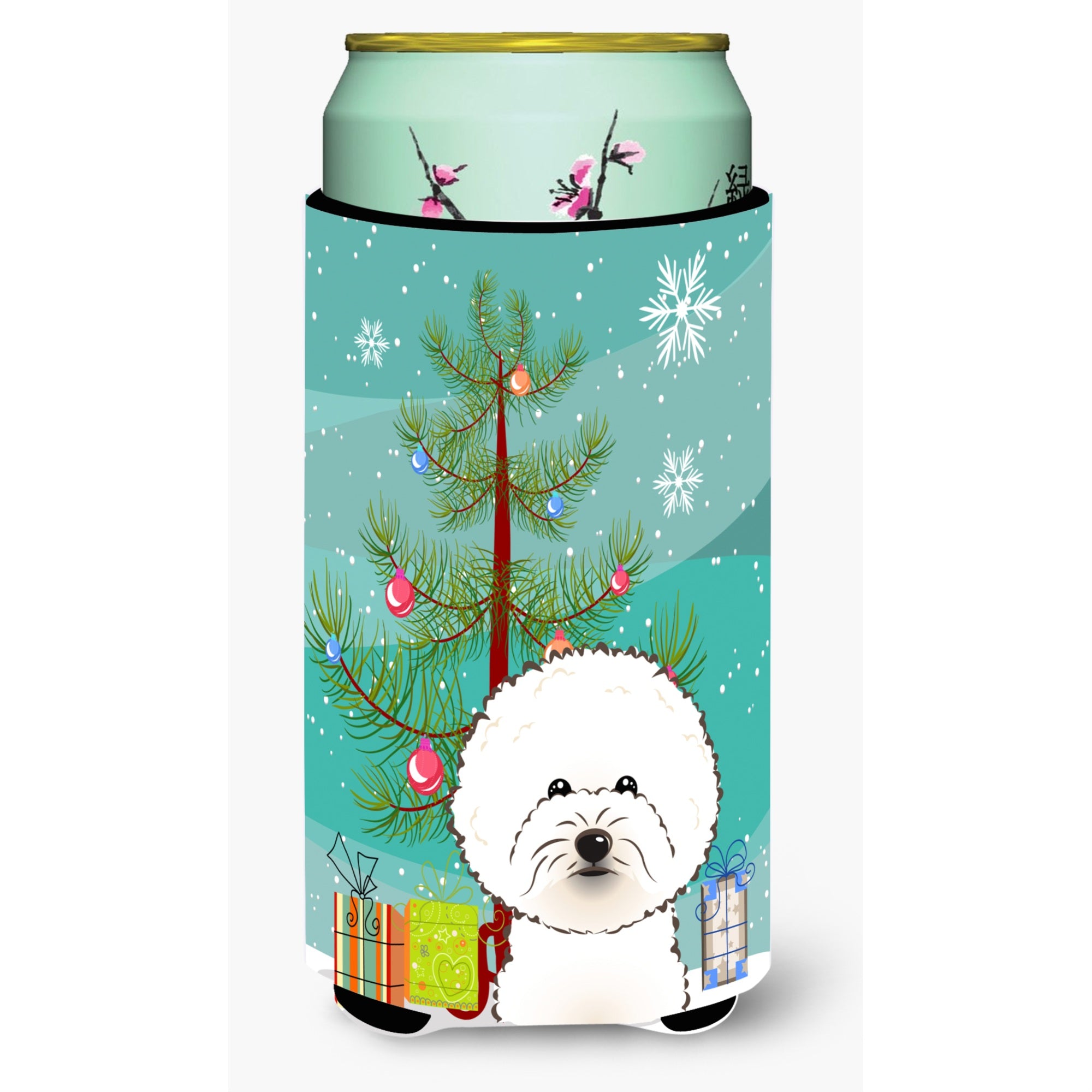 Caroline'S Treasures Christmas Tree And Bichon Frise Tall Boy Koozie Hugger, Multicolor