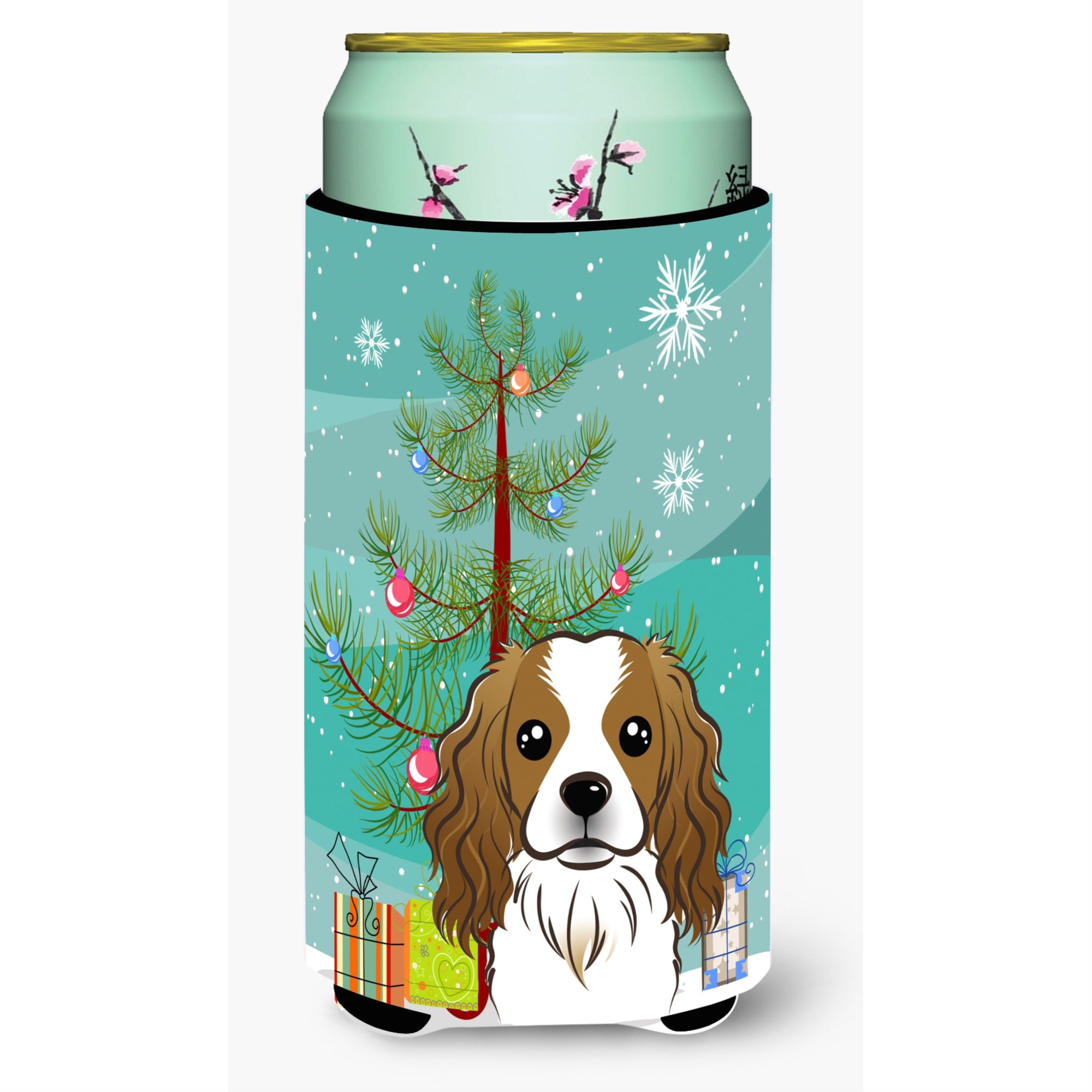 Caroline'S Treasures Christmas Tree And Cavalier Spaniel Tall Boy Koozie Hugger, Multicolor