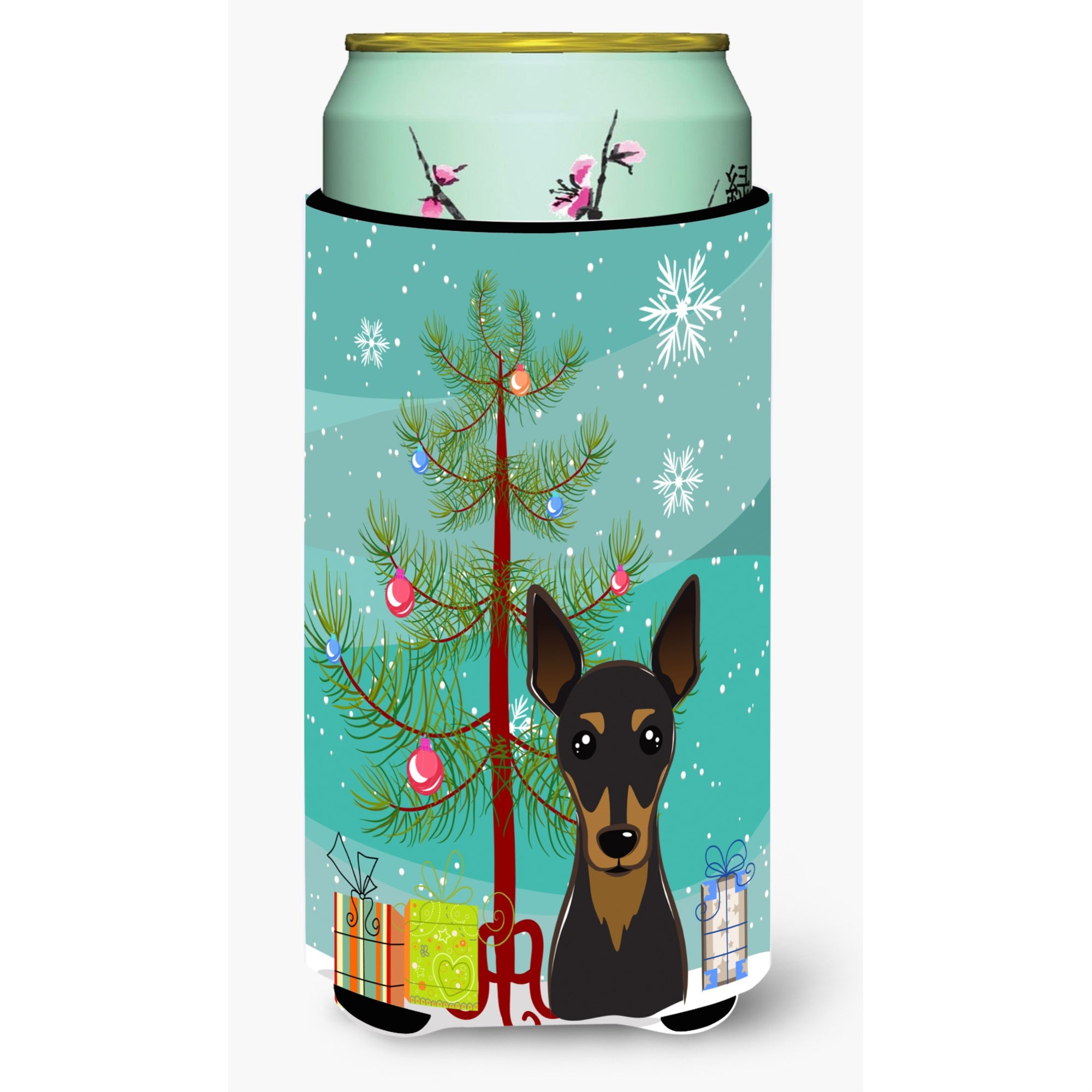 Caroline'S Treasures Christmas Tree And Min Pin Tall Boy Koozie Hugger, Multicolor