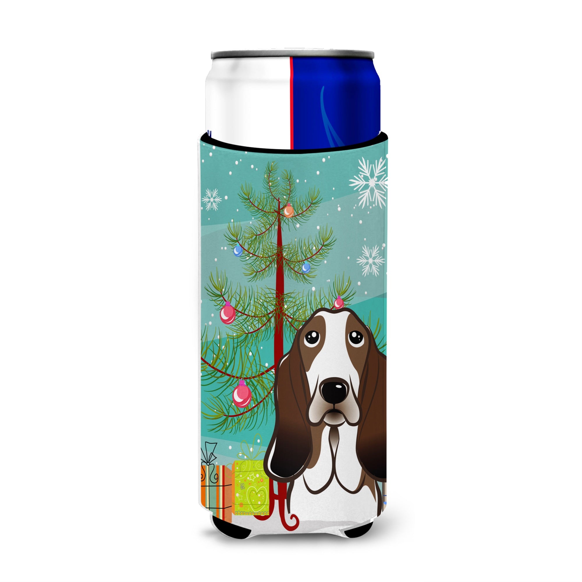 Caroline'S Treasures Christmas Tree And Basset Hound Michelob Ultra Koozies For Slim Cans, Multicolor