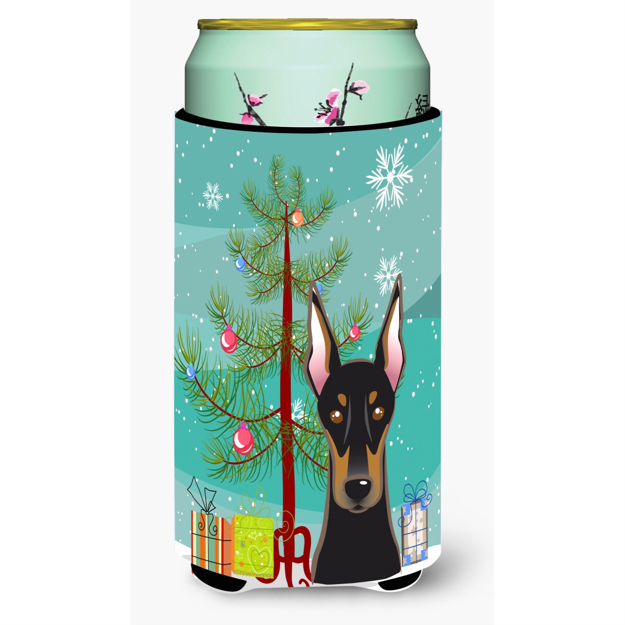 Caroline'S Treasures Christmas Tree And Doberman Tall Boy Koozie Hugger, Multicolor
