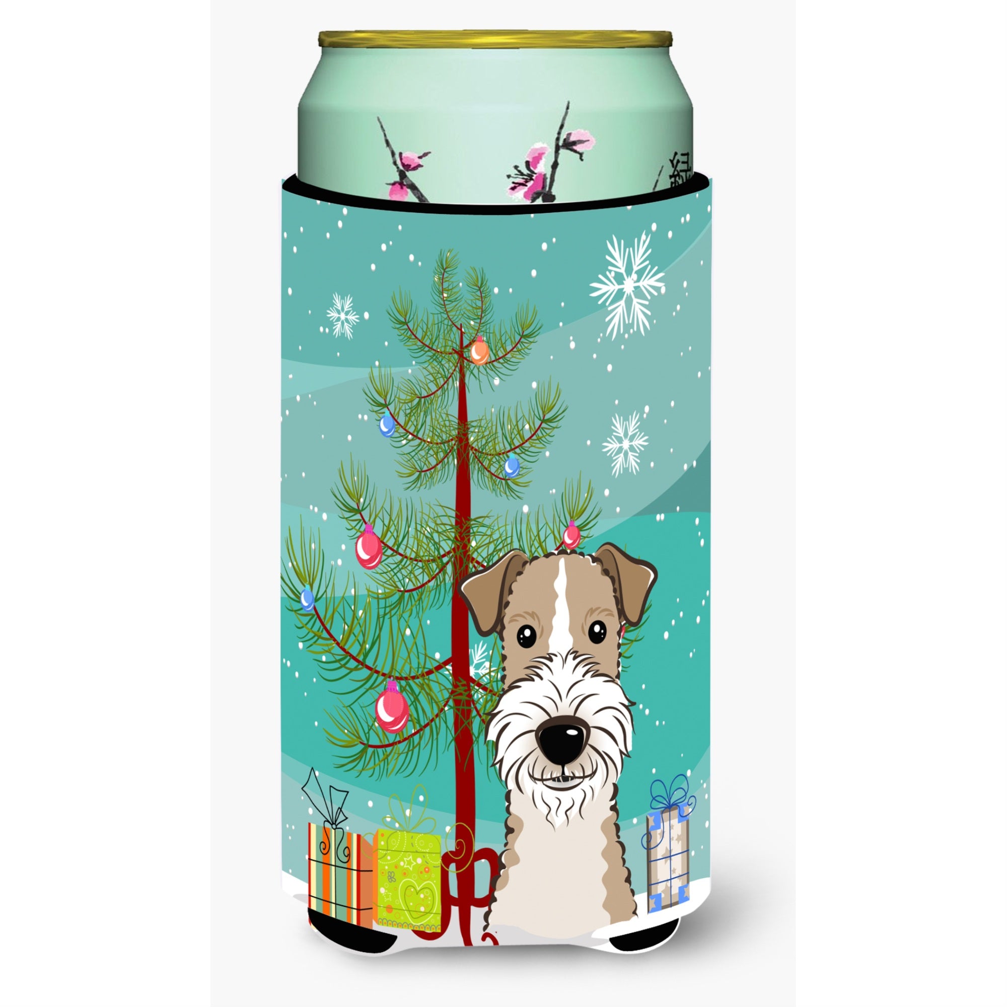 Caroline'S Treasures Christmas Tree And Wire Haired Fox Terrier Tall Boy Koozie Hugger, Multicolor