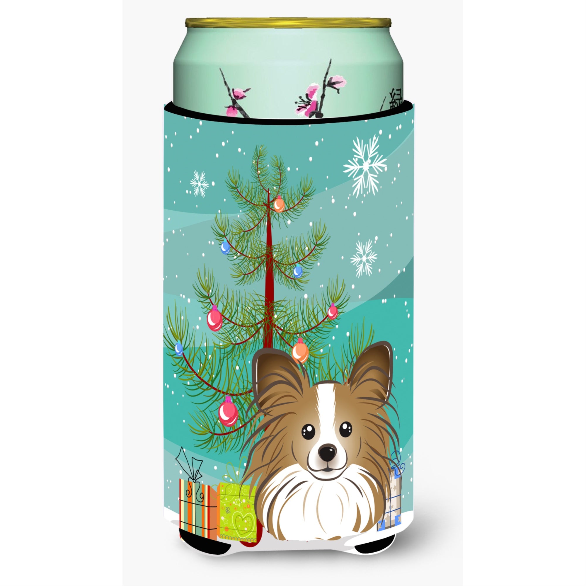 Caroline'S Treasures Christmas Tree And Papillon Tall Boy Koozie Hugger, Multicolor