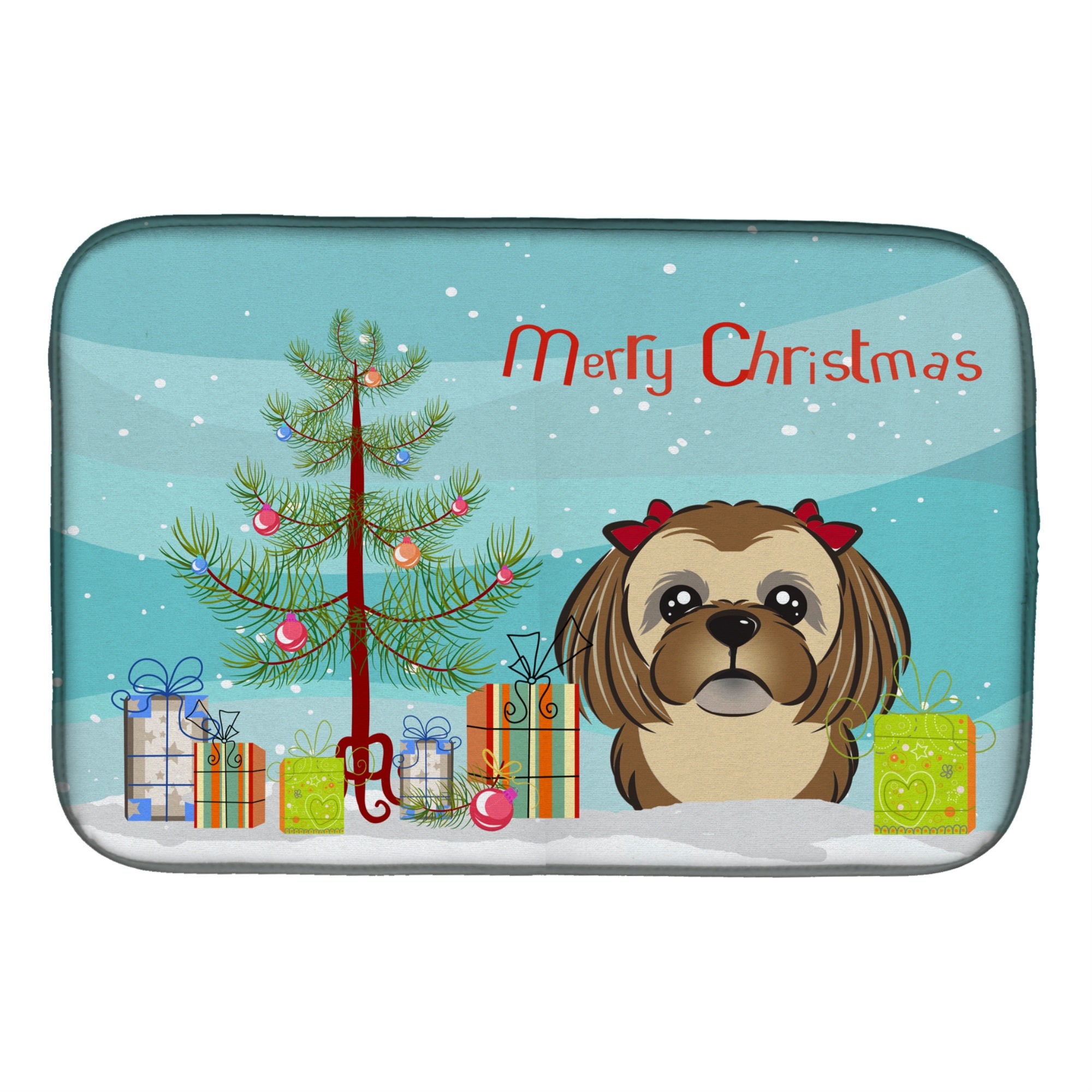 Caroline'S Treasures Christmas Tree And Chocolate Brown Shih Tzu Dish Drying Mat, 14 X 21