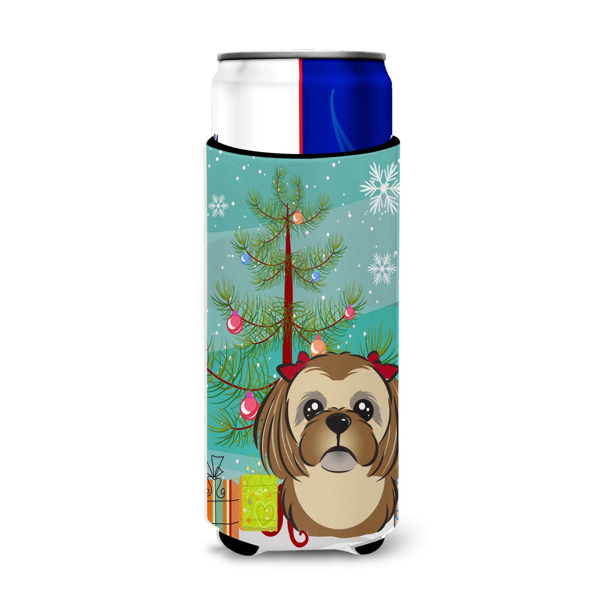 Caroline'S Treasures Christmas Tree And Chocolate Brown Shih Tzu Michelob Ultra Koozies For Slim Cans, Multicolor