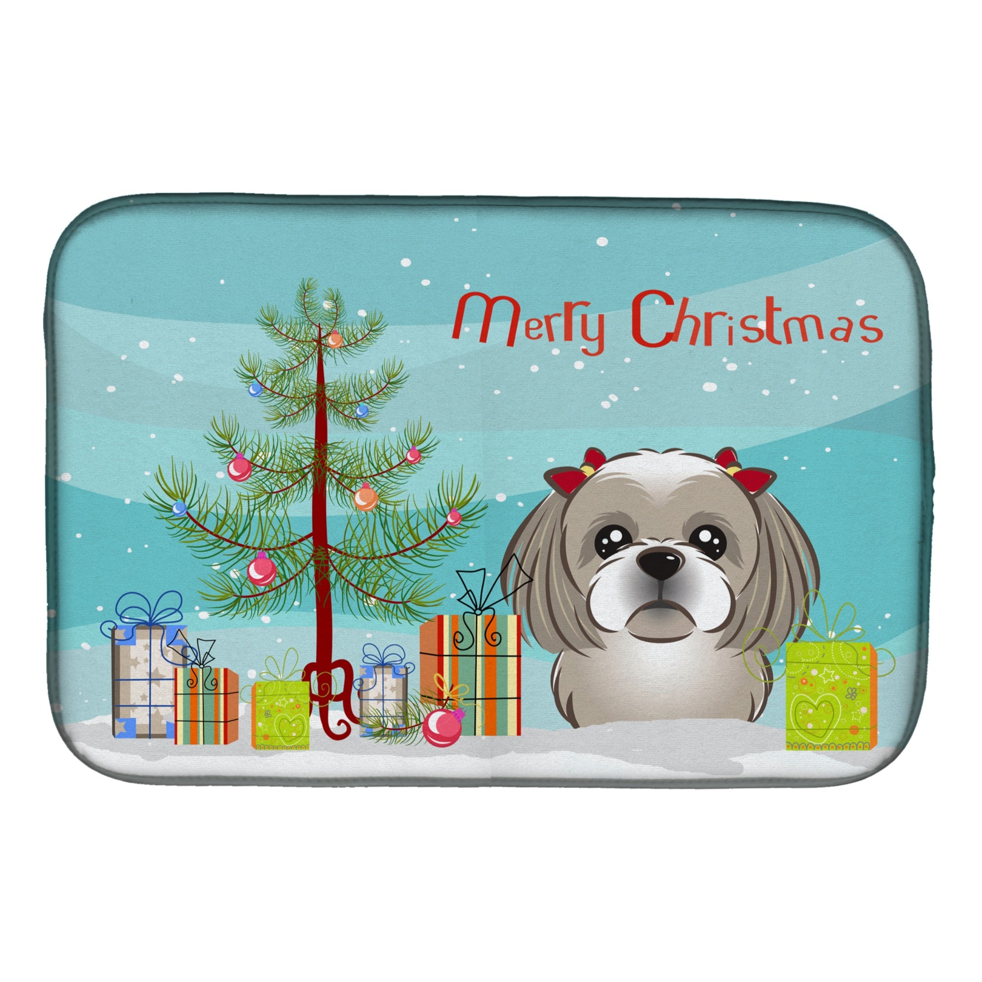 Caroline'S Treasures Christmas Tree And Gray Silver Shih Tzu Dish Drying Mat, 14 X 21