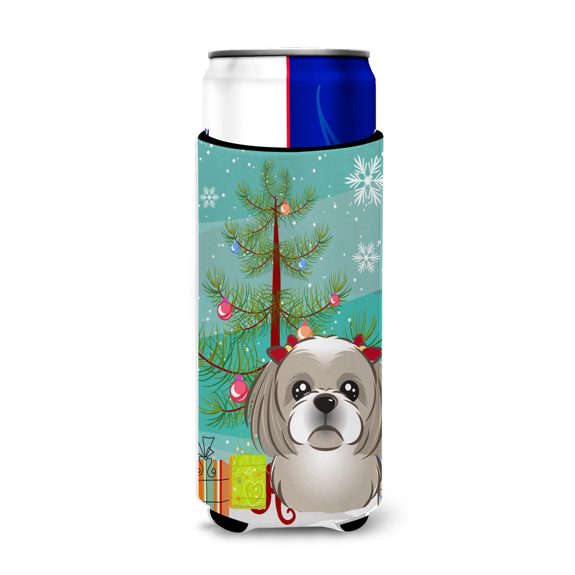 Caroline'S Treasures Christmas Tree And Gray Silver Shih Tzu Michelob Ultra Koozies For Slim Cans, Multicolor