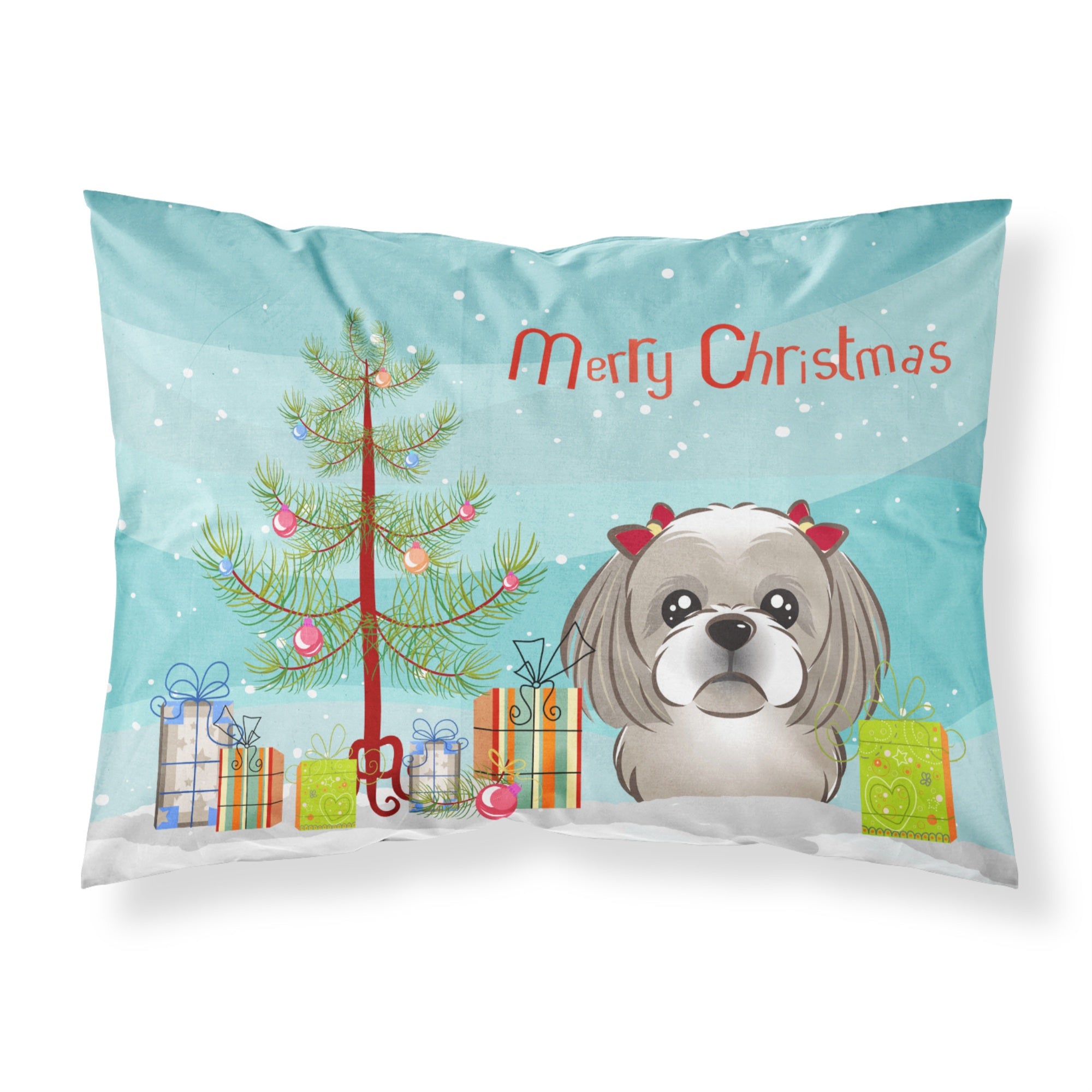Caroline'S Treasures Bb1622Pillowcase Christmas Tree And Gray Silver Shih Tzu Fabric Standard Pillowcase, Large, Multicolor