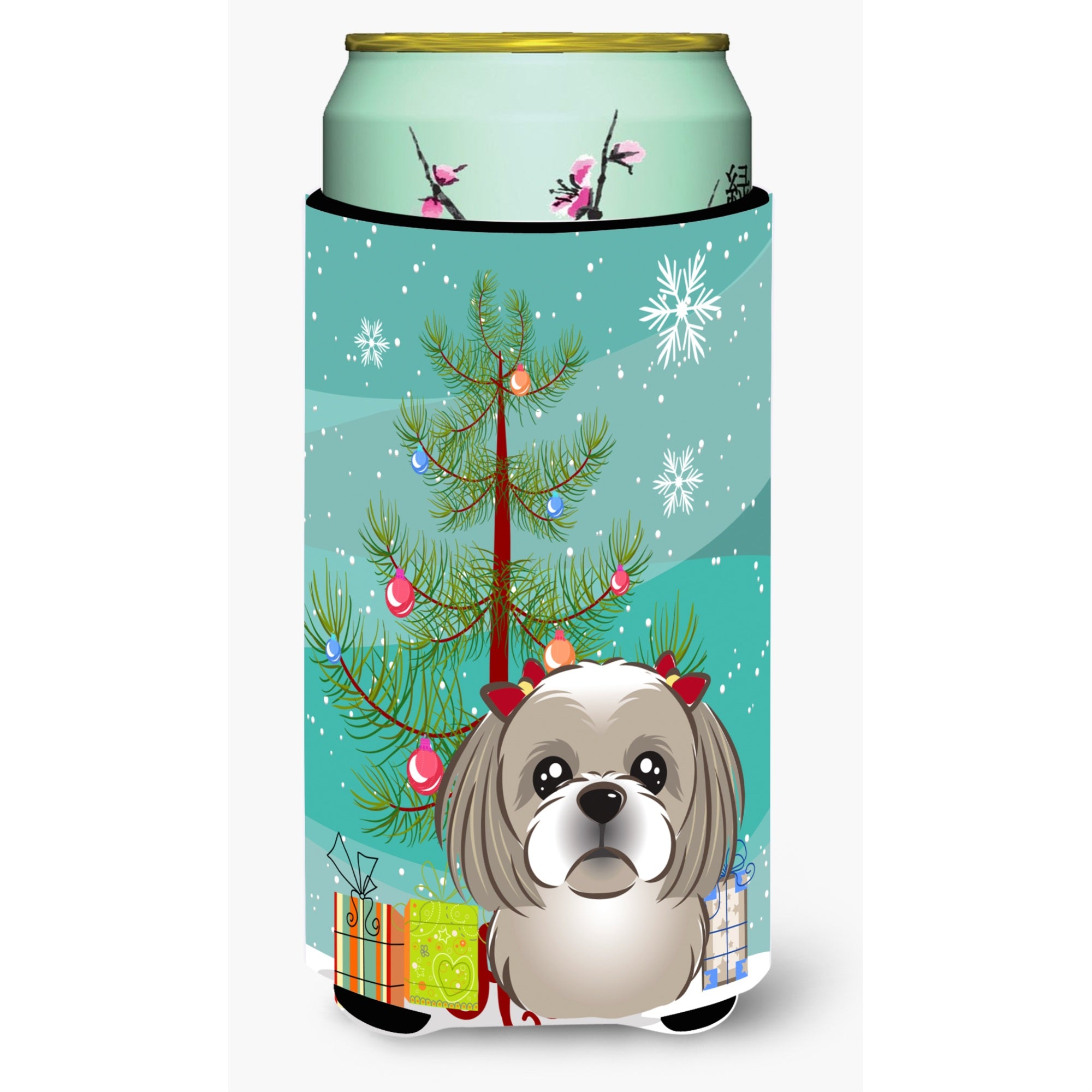 Caroline'S Treasures Christmas Tree And Gray Silver Shih Tzu Tall Boy Koozie Hugger, Multicolor