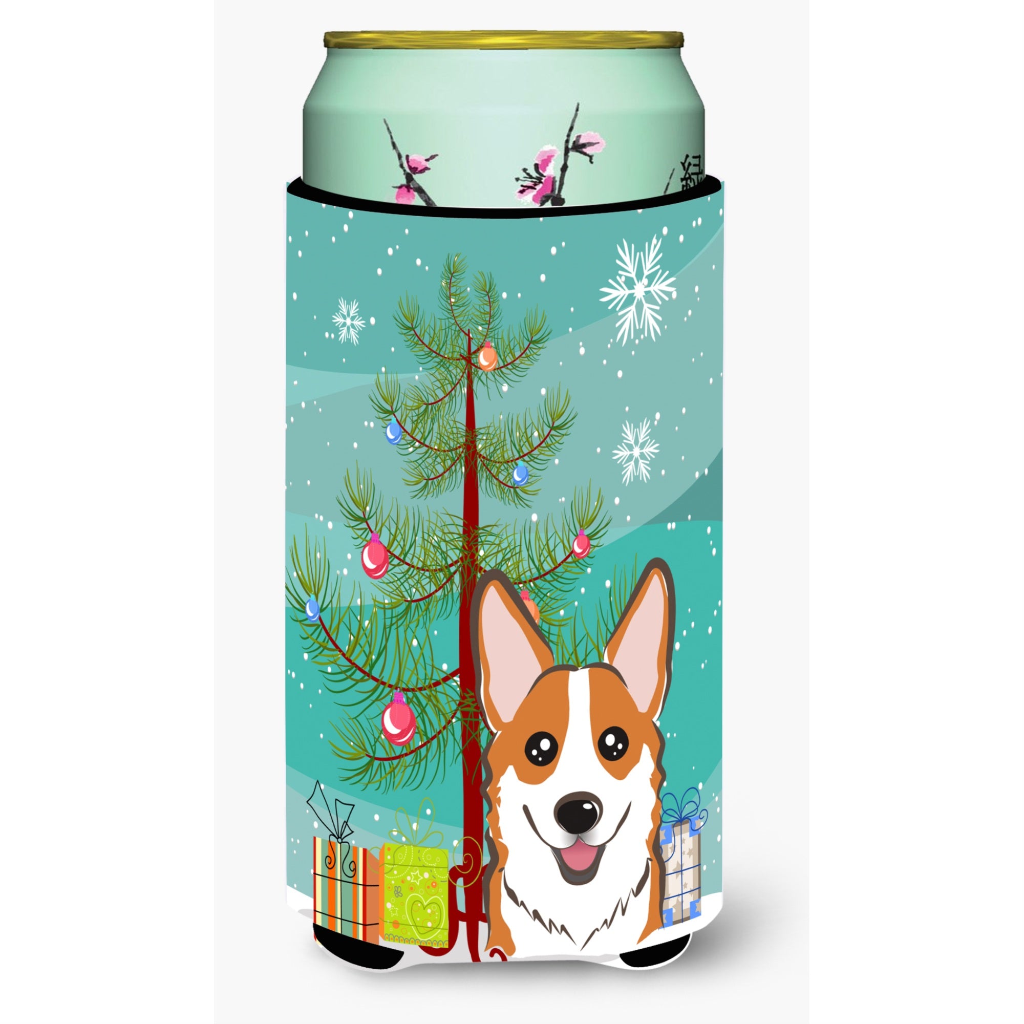 Caroline'S Treasures Christmas Tree And Red Corgi Tall Boy Koozie Hugger, Multicolor