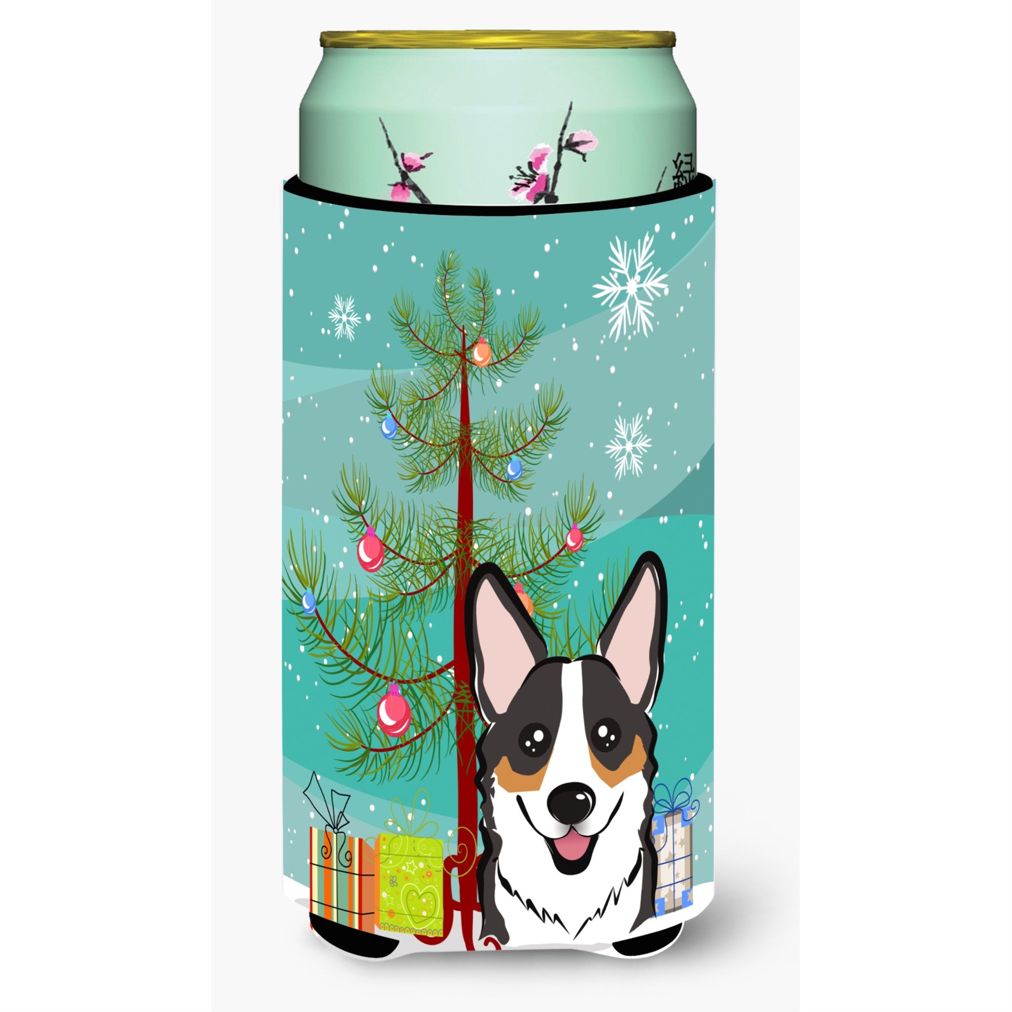 Caroline'S Treasures Christmas Tree And Tricolor Corgi Tall Boy Koozie Hugger, Multicolor