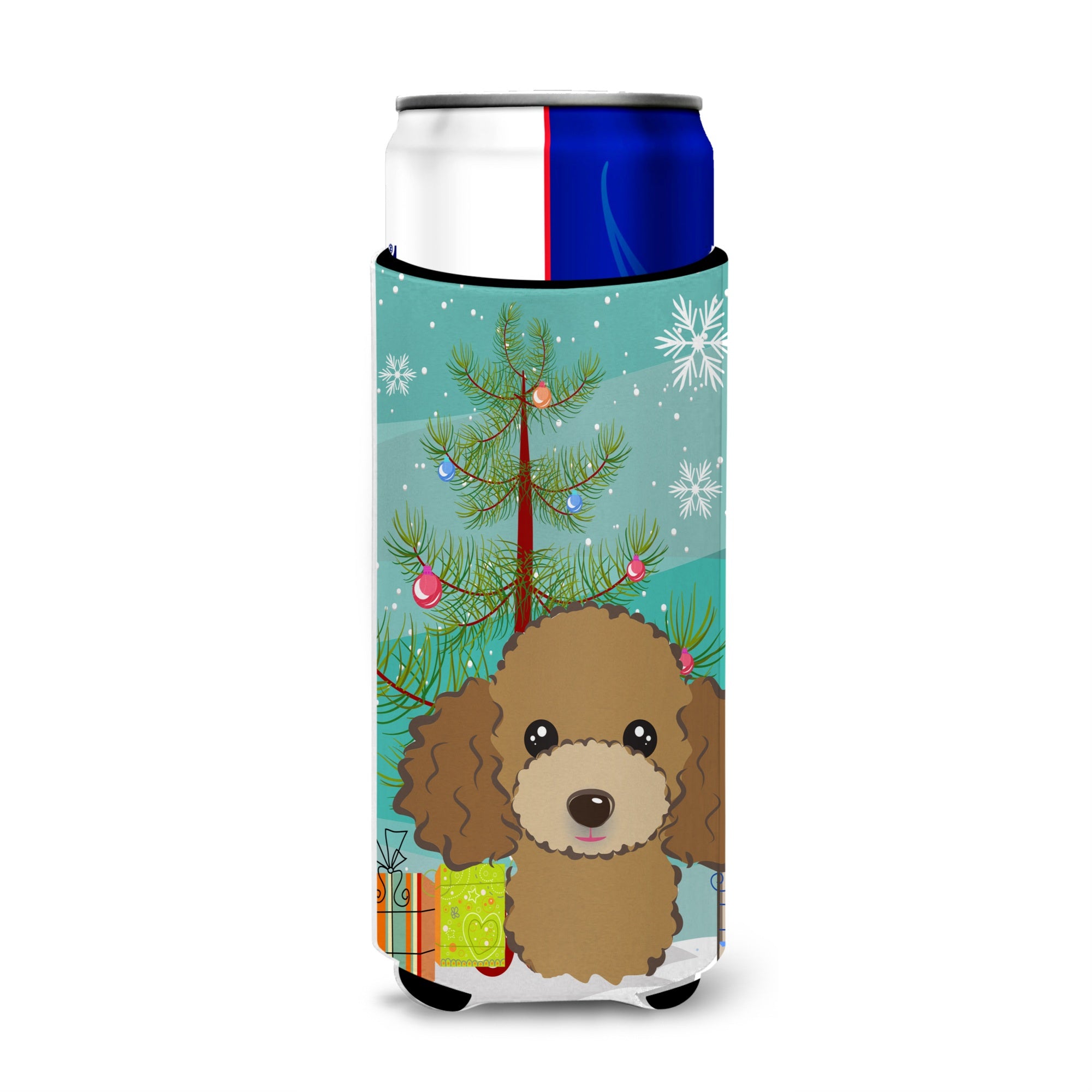 Caroline'S Treasures Christmas Tree And Chocolate Brown Poodle Michelob Ultra Koozies For Slim Cans, Multicolor