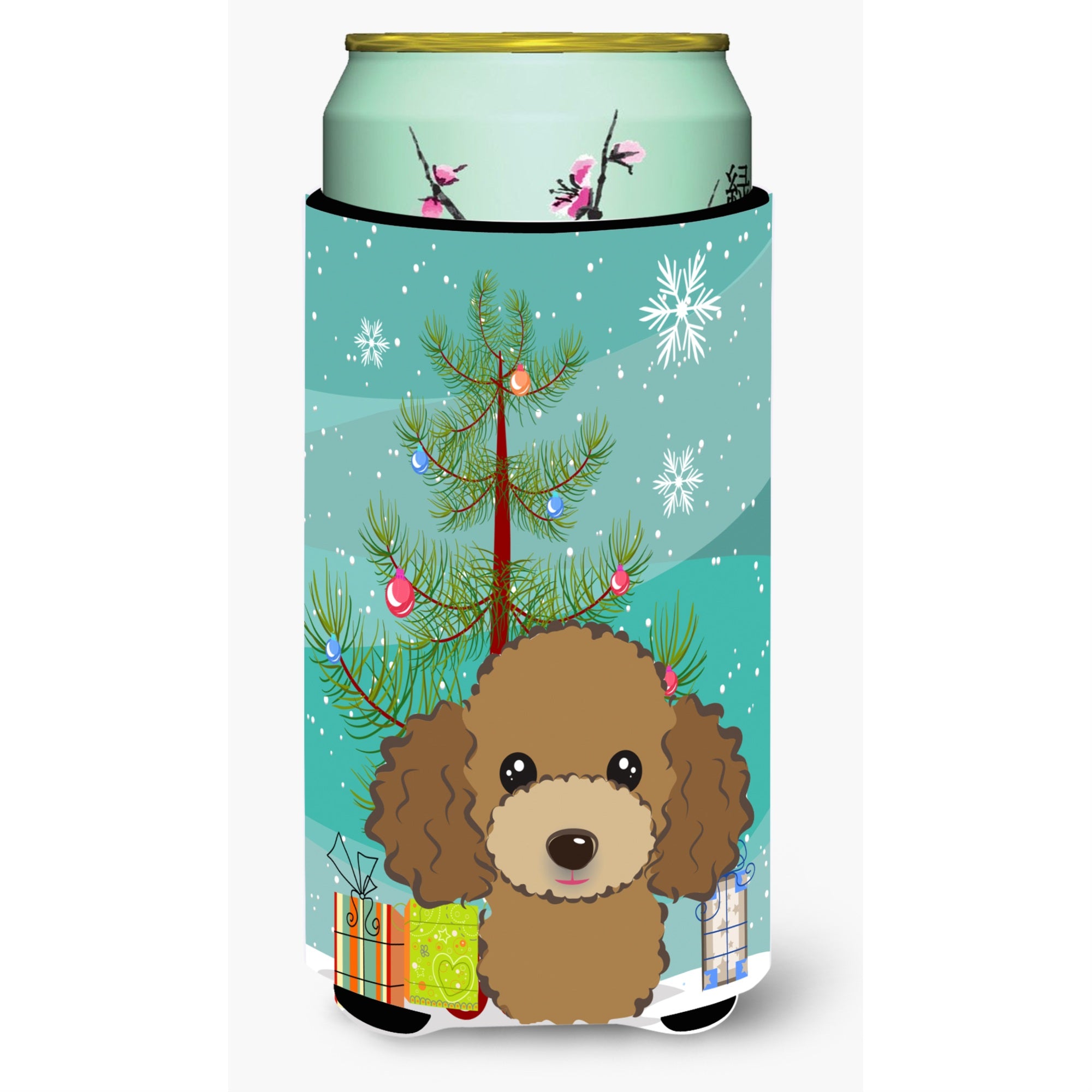 Caroline'S Treasures Christmas Tree And Chocolate Brown Poodle Tall Boy Koozie Hugger, Multicolor